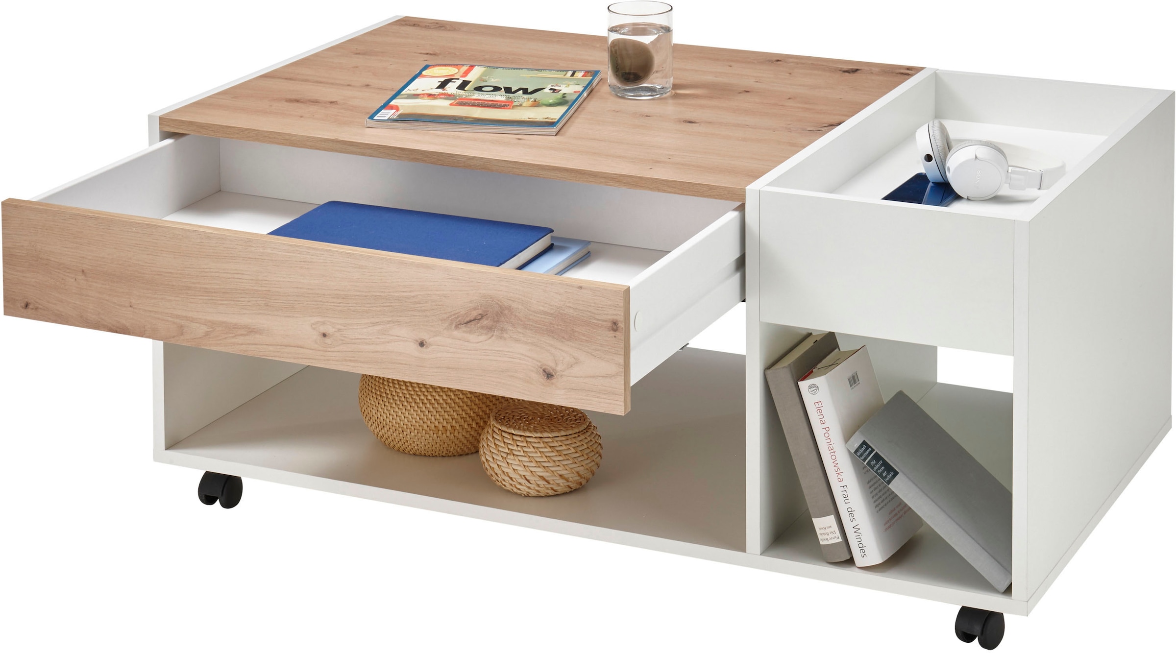 Stolkom Table basse »Emil« rollbar, Tisch mit Schubkasten mit push to open