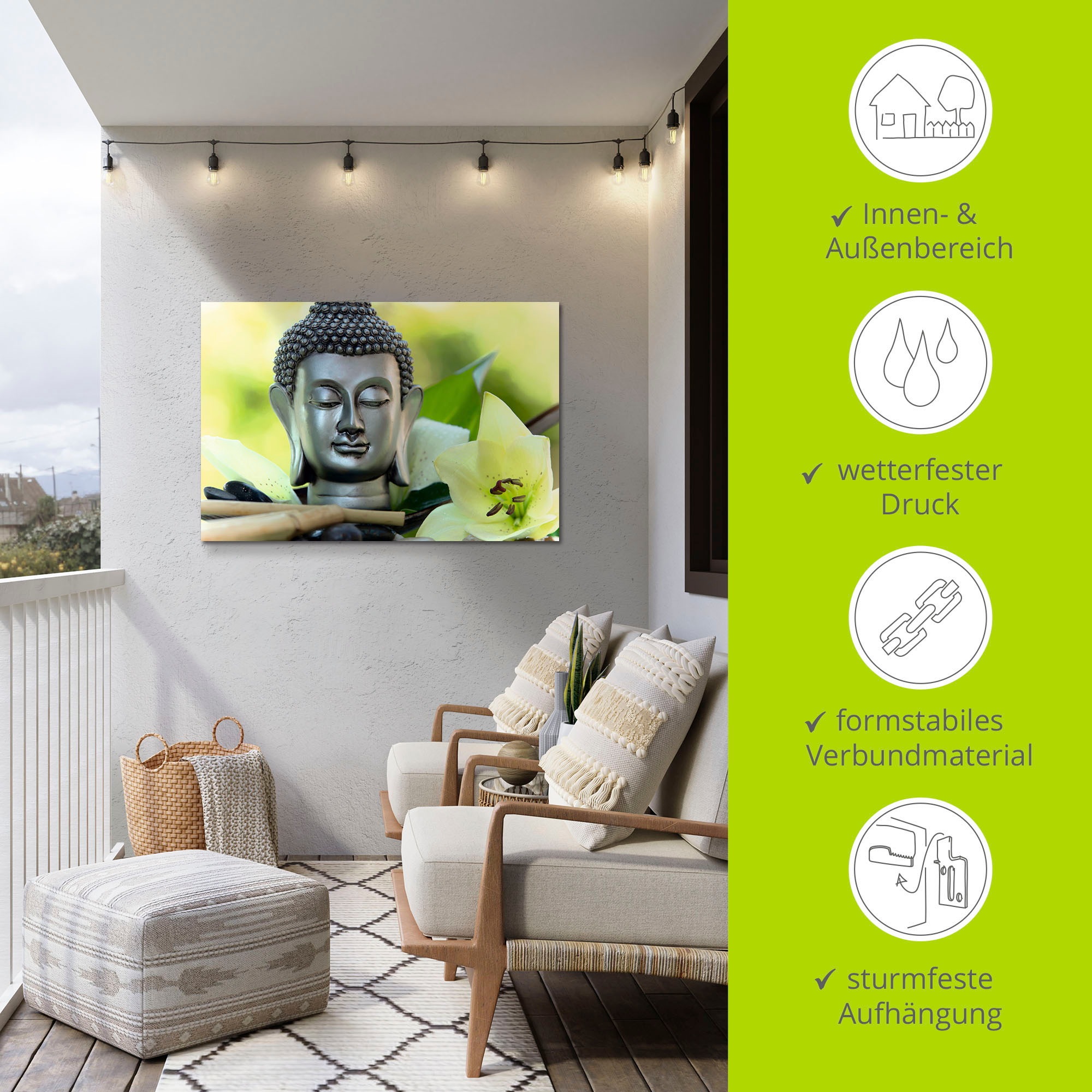 Artland Wandbild »Entspannung und Ruhe mit Buddha«, Buddhismus, (1 St.), als Alubild, Outdoorbild, Leinwandbild, Poster, Wandaufkleber