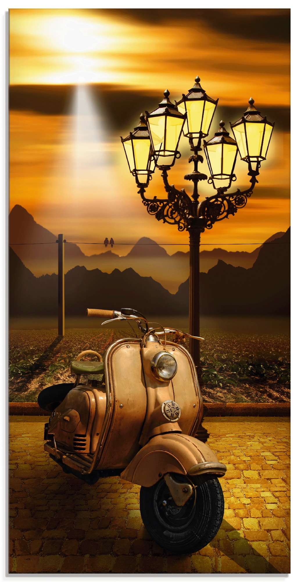 Glasbild »Oldtimer Motorroller romantisch«, Motorräder & Roller, (1 St.), in...