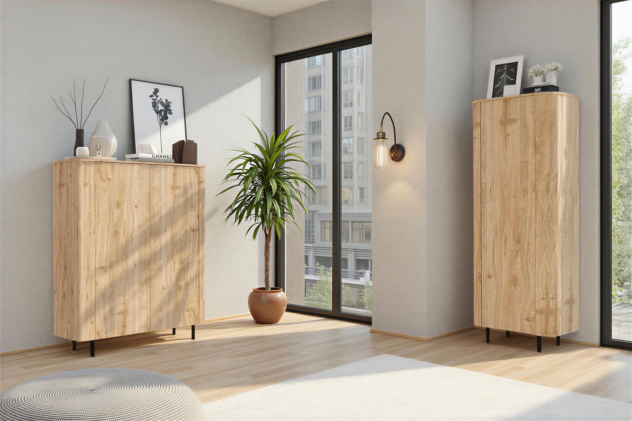 Home affaire Highboard »Murano, B/H 131/154 cm, 2 Türen, Stauraumschrank, Hochkommode« Formgebogenes MDF, Stirnseiten mit Rundung, Füsse und Griffe aus Metall