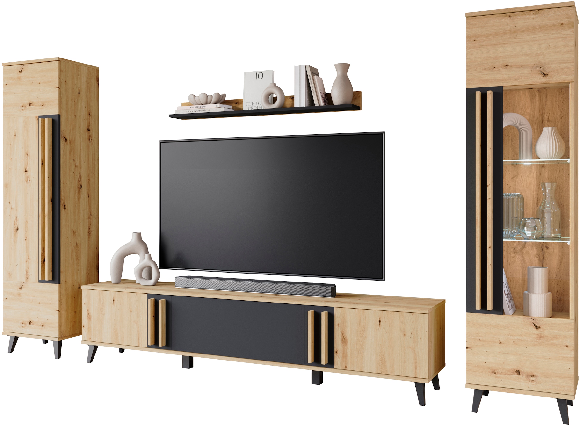 Home affaire Wohnwand »Helsinki, Modernes Set mit verglaster Vitrine« Komplett-Set, 4 Stk. tlg.