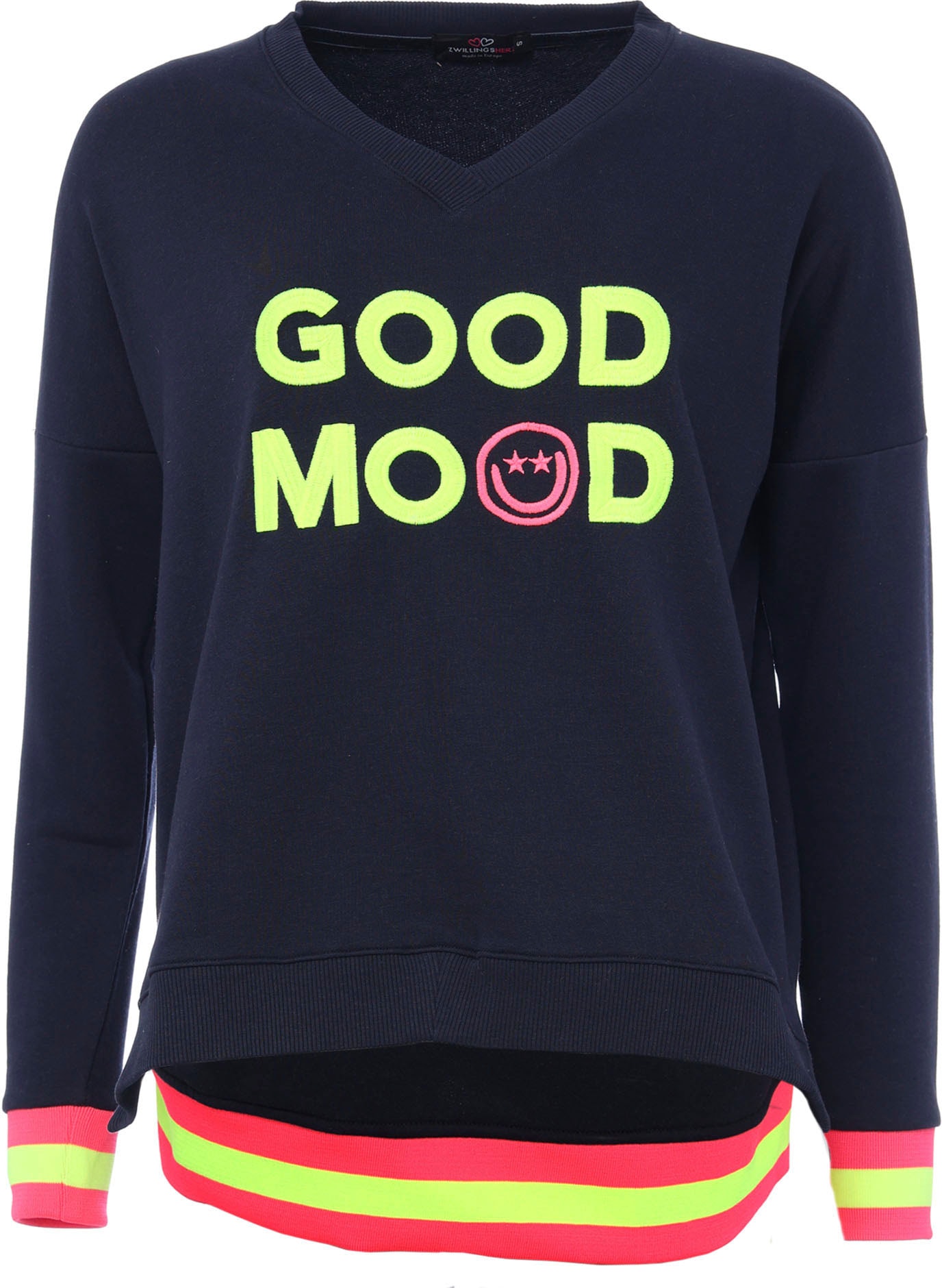 Image of Zwillingsherz Sweatshirt, Langarm, Neon-Details, V-Ausschnitt, Schriftzug