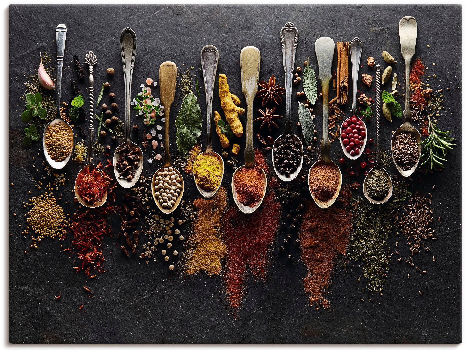 Image of Artland Wandbild »Kräuter Gewürze Schiefer«, Lebensmittel, (1 St.), in vielen Grössen & Produktarten - Alubild / Outdoorbild für den Aussenbereich, Leinwandbild, Poster, Wandaufkleber / Wandtattoo auch für Badezimmer geeignet bei Ackermann Versand Schweiz