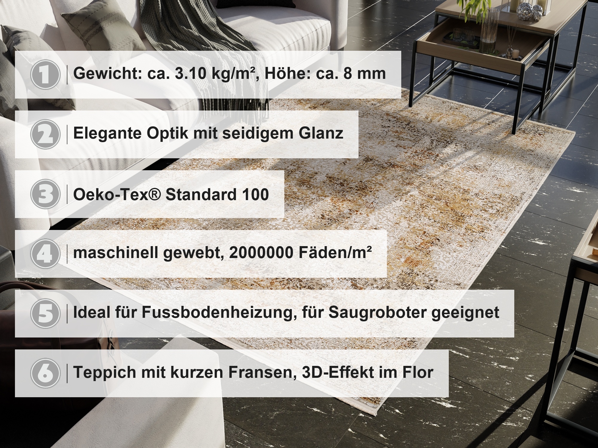 OCI DIE TEPPICHMARKE Tapis »BESTELLER CAVA , auch als Läufer und in Rund« Rectangulaire 8 mm Höhe viscose brillante, avec franges, structure haute basse, vintage, salon
