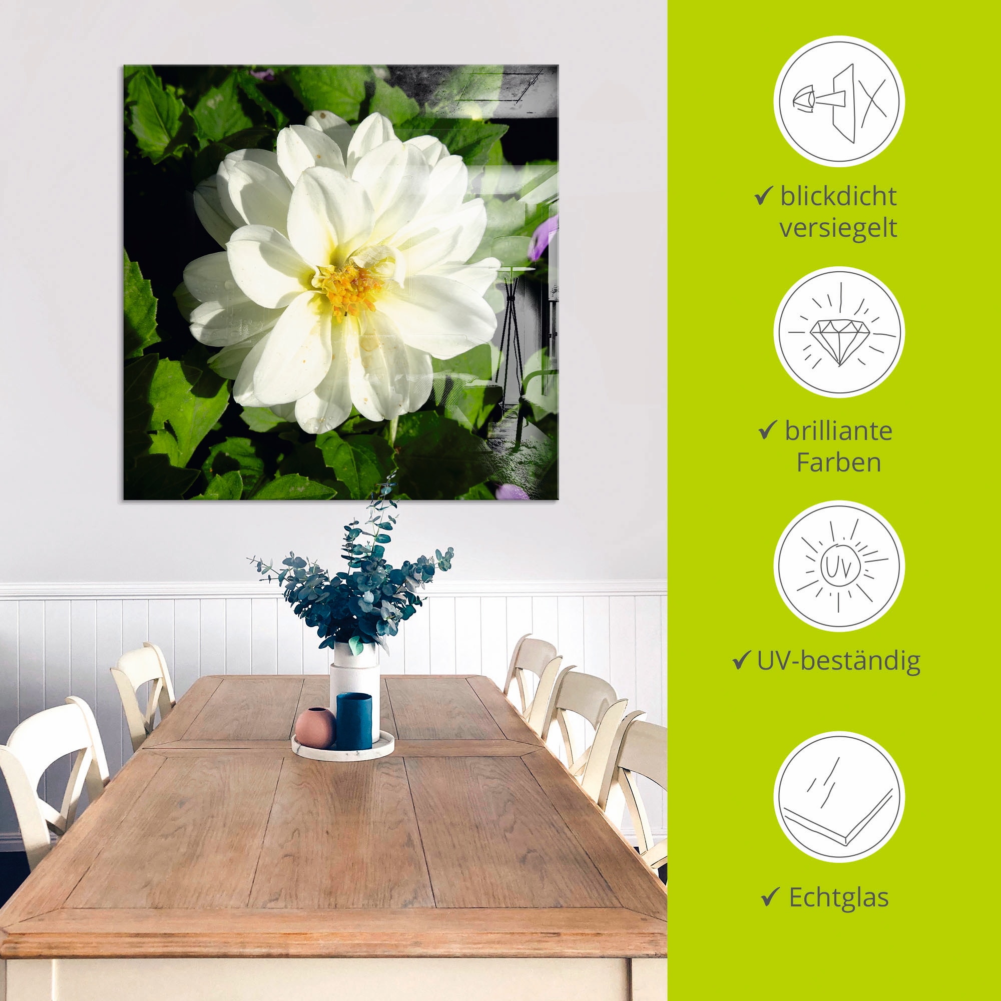 Artland Glasbild »Weisse Dahlienblüte«, Blumen, (1 St.), in verschiedenen Grössen