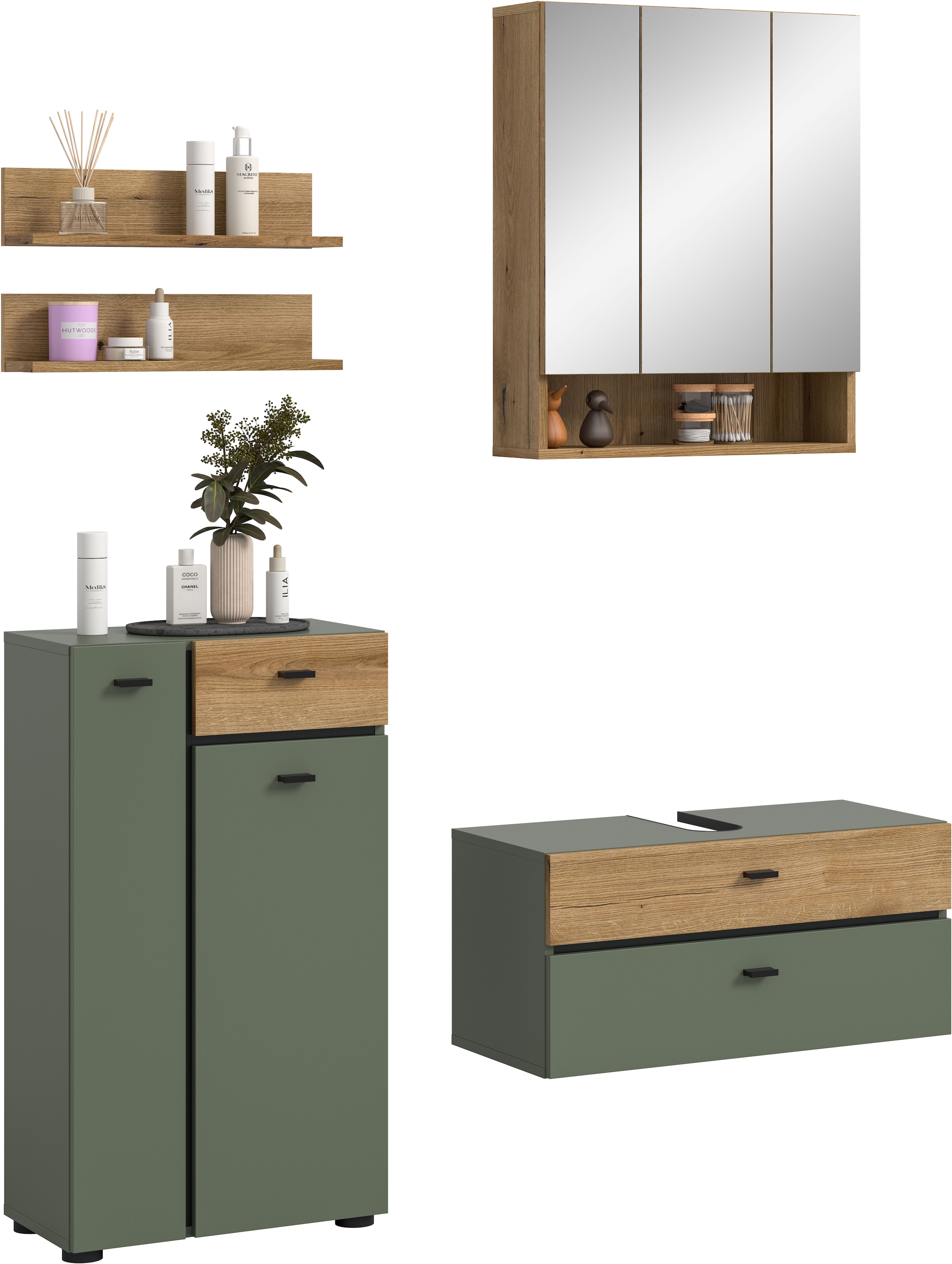 Image of welltime Badmöbel-Set "VANN, 5-teilige moderne Badkombination, individuell stellbar" Midischrank, 2er Set Wandregal, Waschbeckenunterschrank,Spiegelschrank, 5 Stk. tlg.