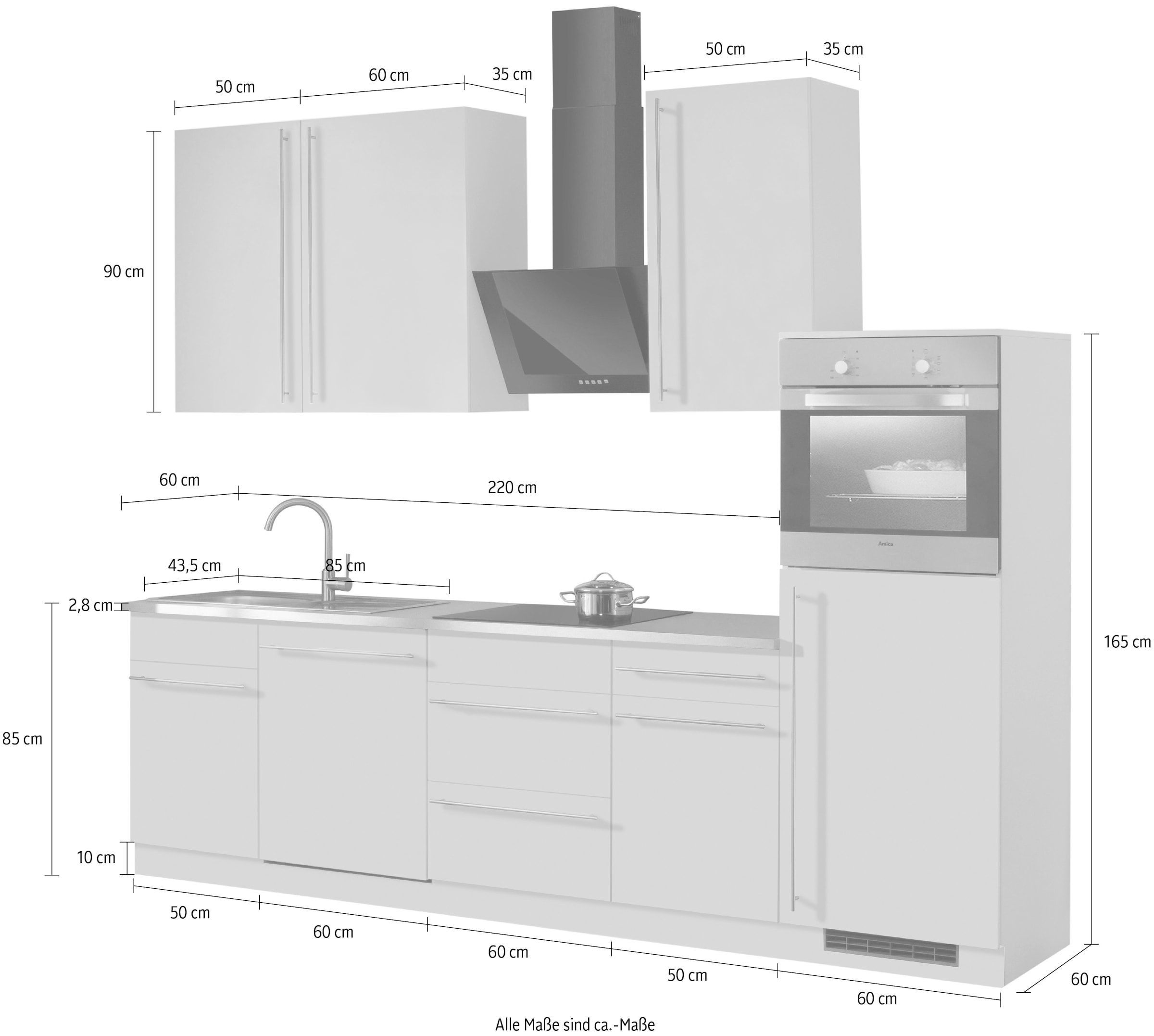 wiho Küchen Küchenzeile »Chicago«, ohne E-Geräte, Breite 280 cm