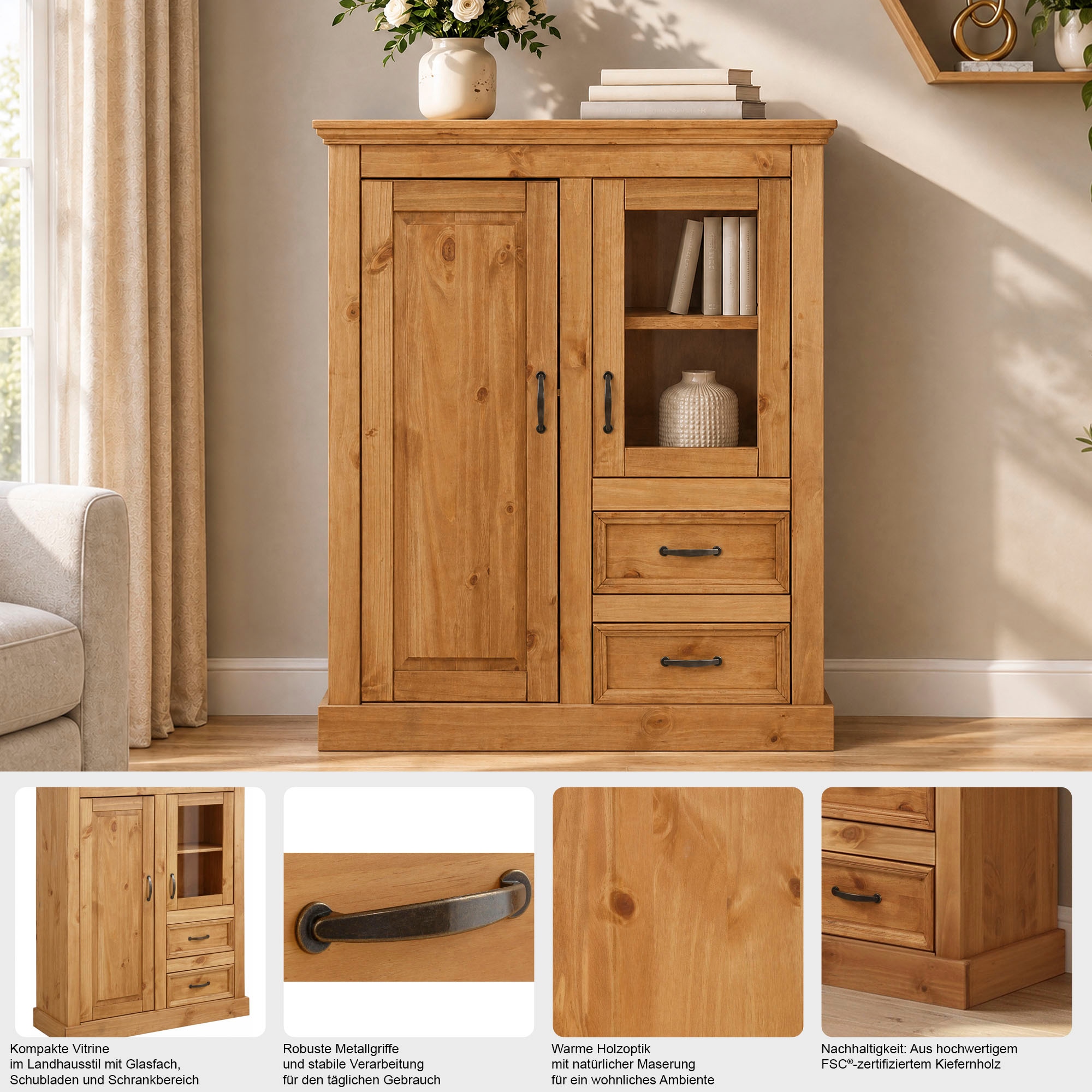 GOODproduct Highboard »Selma Kommode, Vitrine mit 2 Türen, 1 mit Glaseinsatz und 3 Schubladen« Vitrine mit natürlicher Maserung und Metallgriffen, 100cm breit