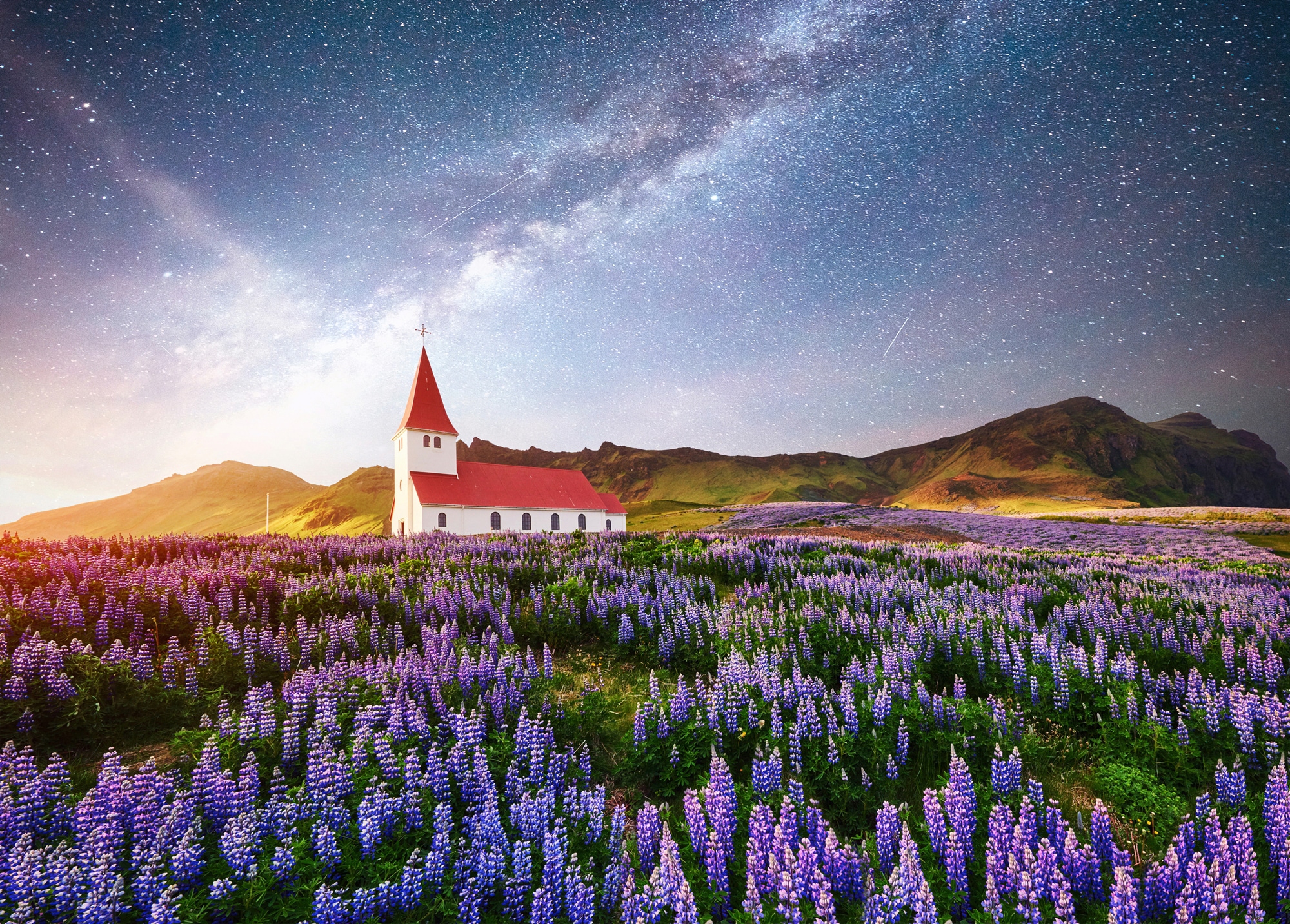 Image of Papermoon Fototapete "BLUMEN-WIESE-FELD ISLAND KIRCHE STERNE HIMMEL BERGE"