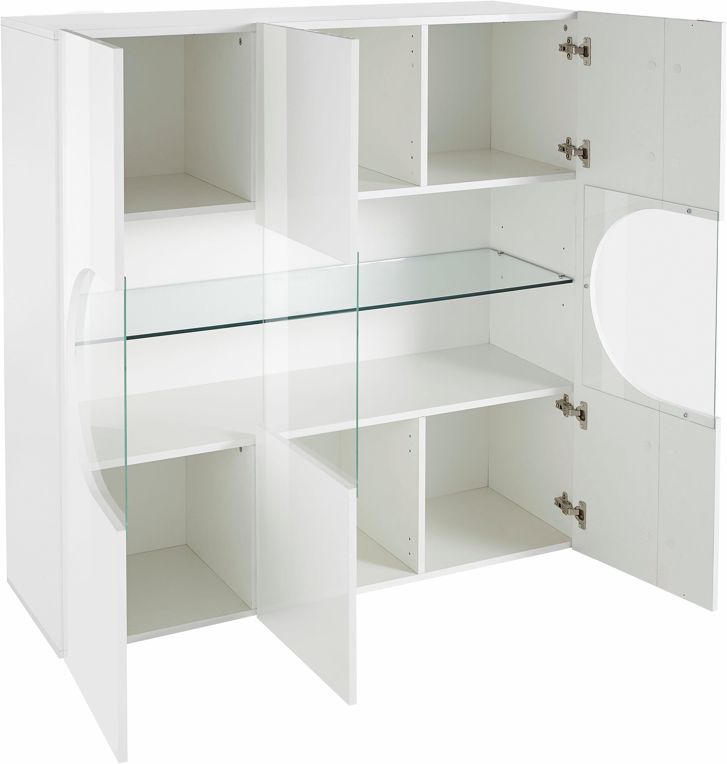 INOSIGN Highboard »Real,Highboard,Kommode,Schrank mit 3 Türen,komplett hochglanz lackiert«, mit 3 Türen, davon 2 aus Glas, mit einer grossen Glasablage, Höhe 121