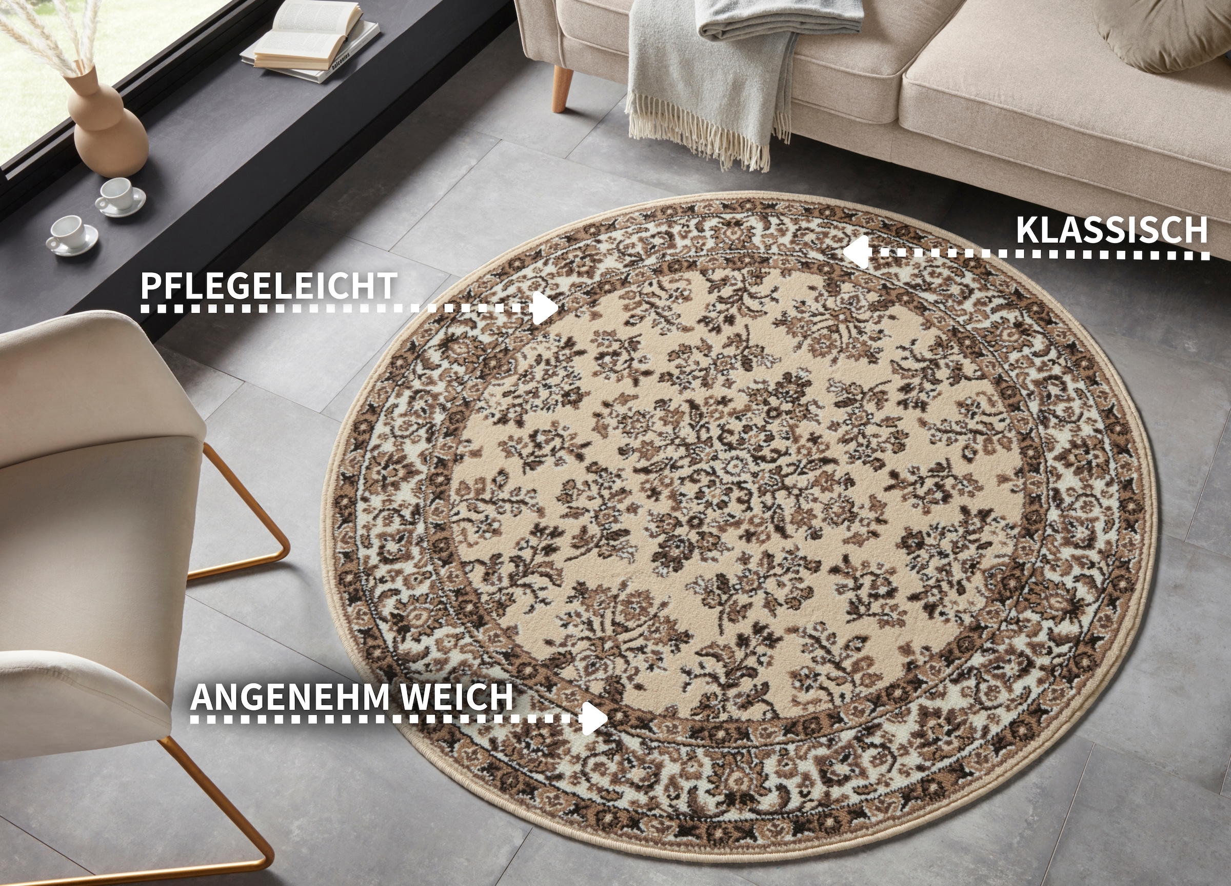 HANSE Home Teppich »Halton«, rund, 8 mm Höhe, Kurzflor, Orient Optik, mit Bordüre, robust, pflegeleicht, gekettelt