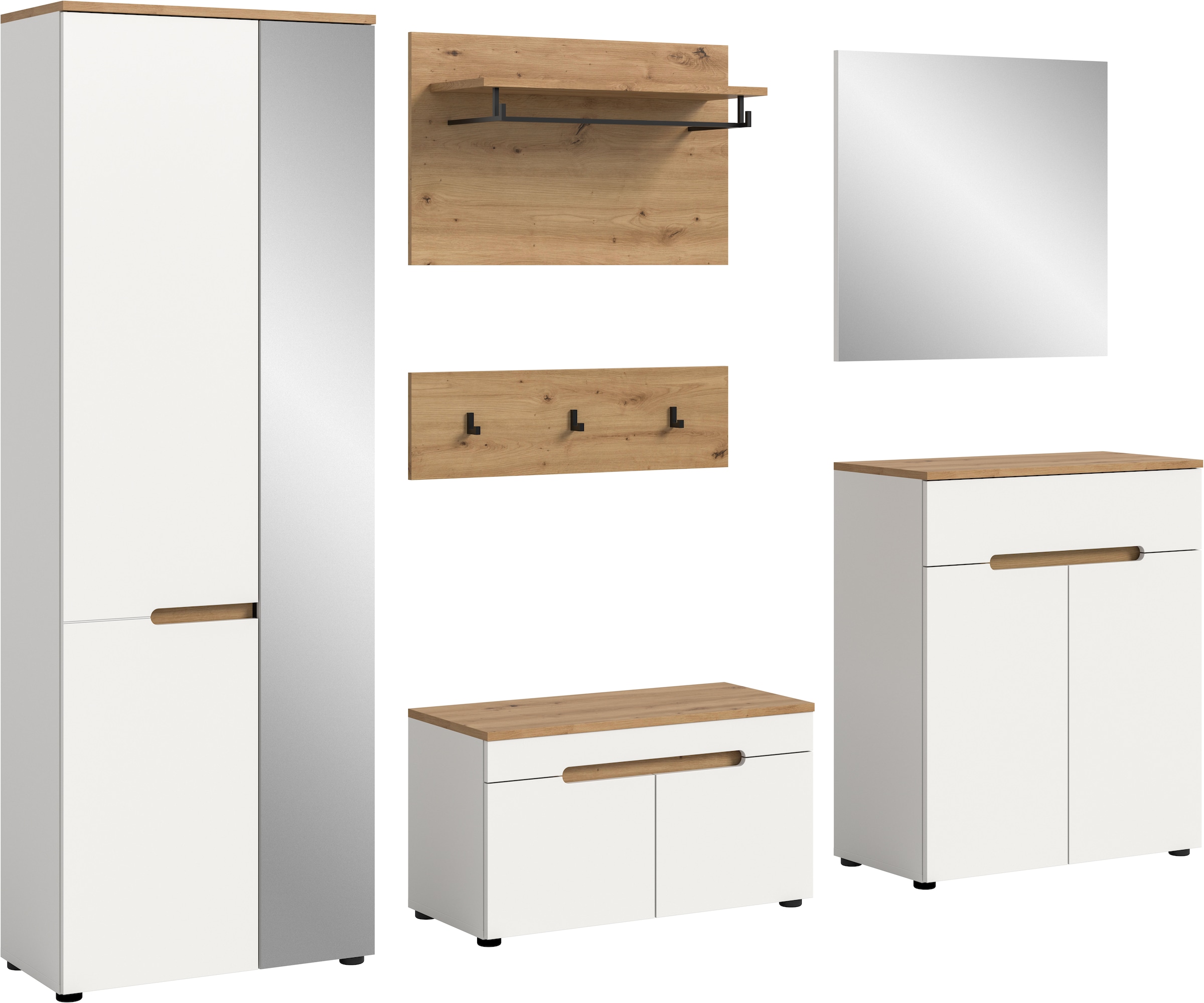 Image of Home affaire Garderoben-Set "Rehat, Garderobenkombination, Breite 255cm" Set, Garderobenschrank, Sitzbank, Paneel, Hakenleiste, Spiegel, Kommode, 6 Stk. tlg.