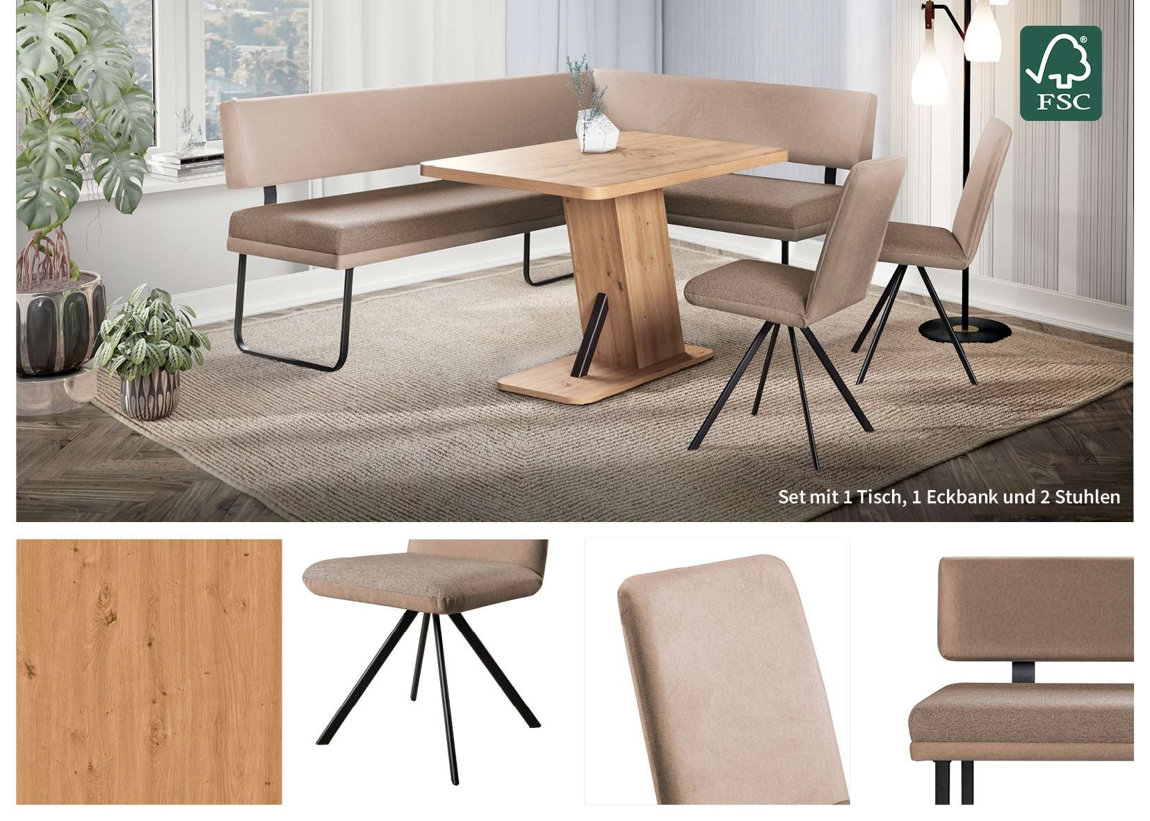 GOODproduct Eckbankgruppe »Gabi Essecke, Sitzgruppe, Eckbankgruppe, Küchenbankgruppe« Set, 4tlg, 4 tlg. tlg. Gestell aus matt-schwarzem Flachmetall, stabil, 2-Stoff-Design