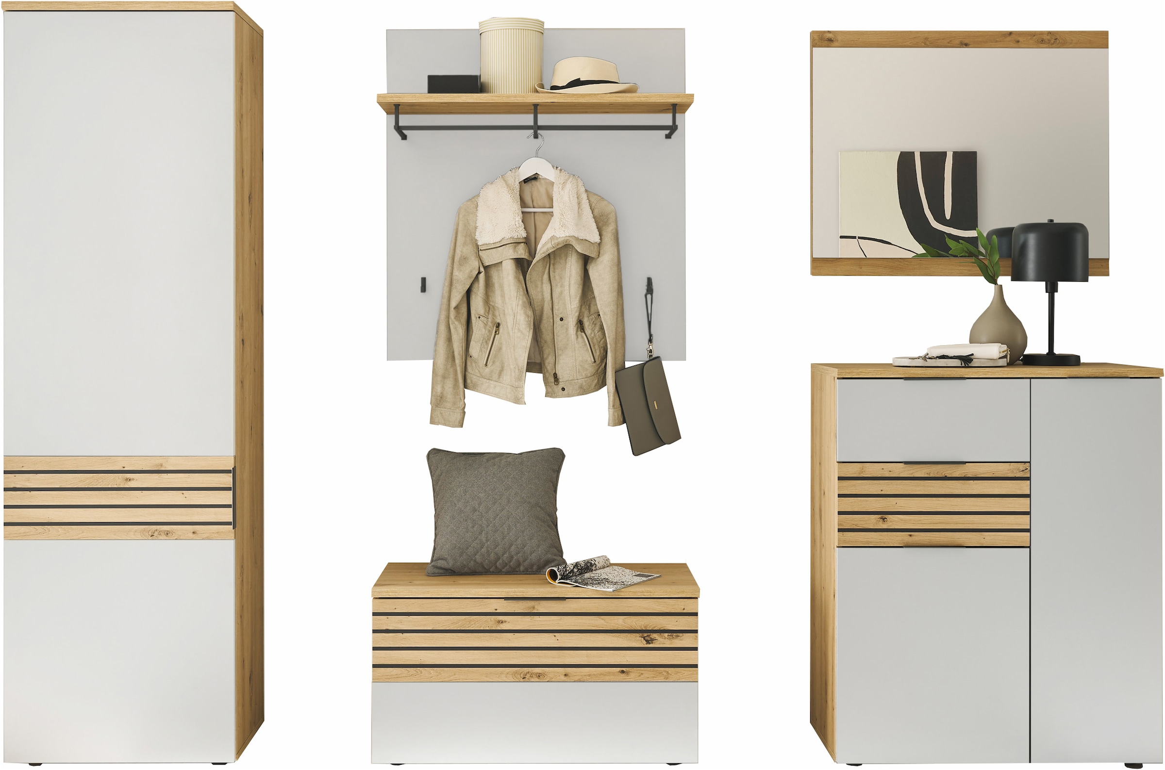 HBZ Garderoben-Set »5-tlg. Eiche Stripes Optik Flurgarderobe Stellmass BxHxT 260x197x38 cm«, (5 St.), Mit Schuhkommode, Hochschrank, Bank, Paneel, Spiegel