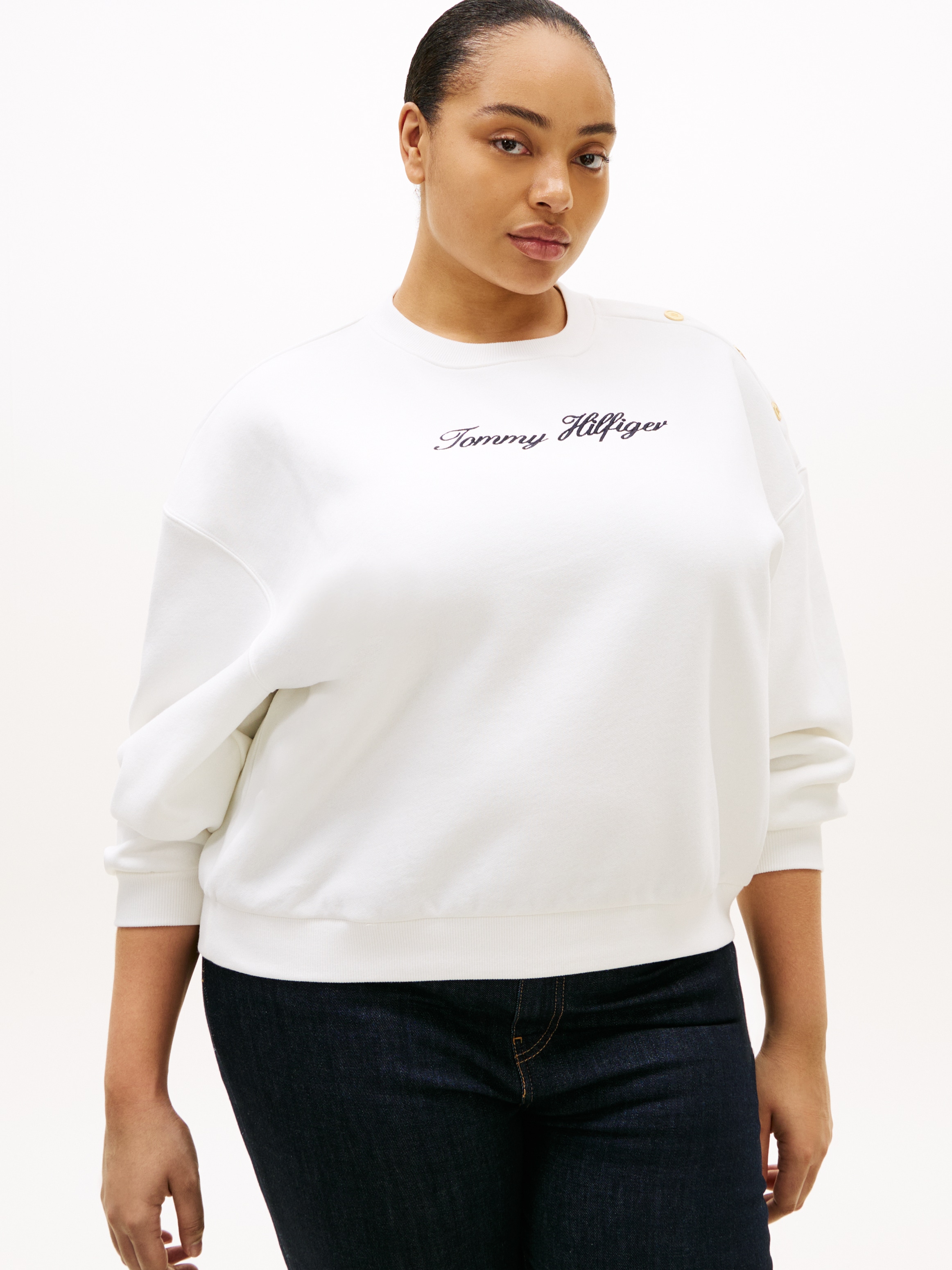 Image of Tommy Hilfiger Curve Sweatshirt "CRV GOLD BTN SCRIPT FLEECE SWRT", in grossen Grössen, mit goldfarbenen Zier-Knöpfen