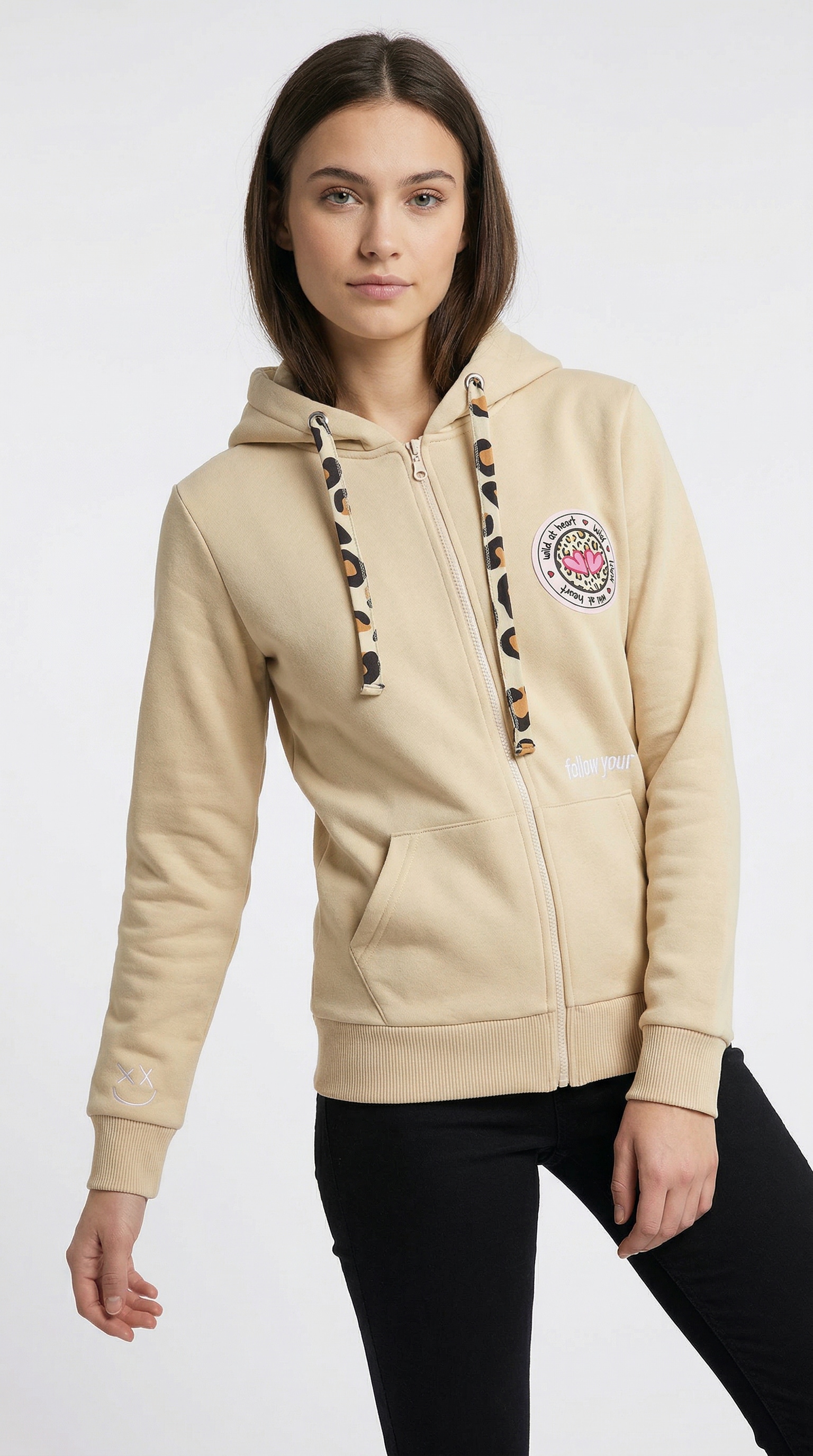 Zwillingsherz Kapuzensweatjacke Leo-Details, Langarm, Reissverschluss, Baumwollmischung