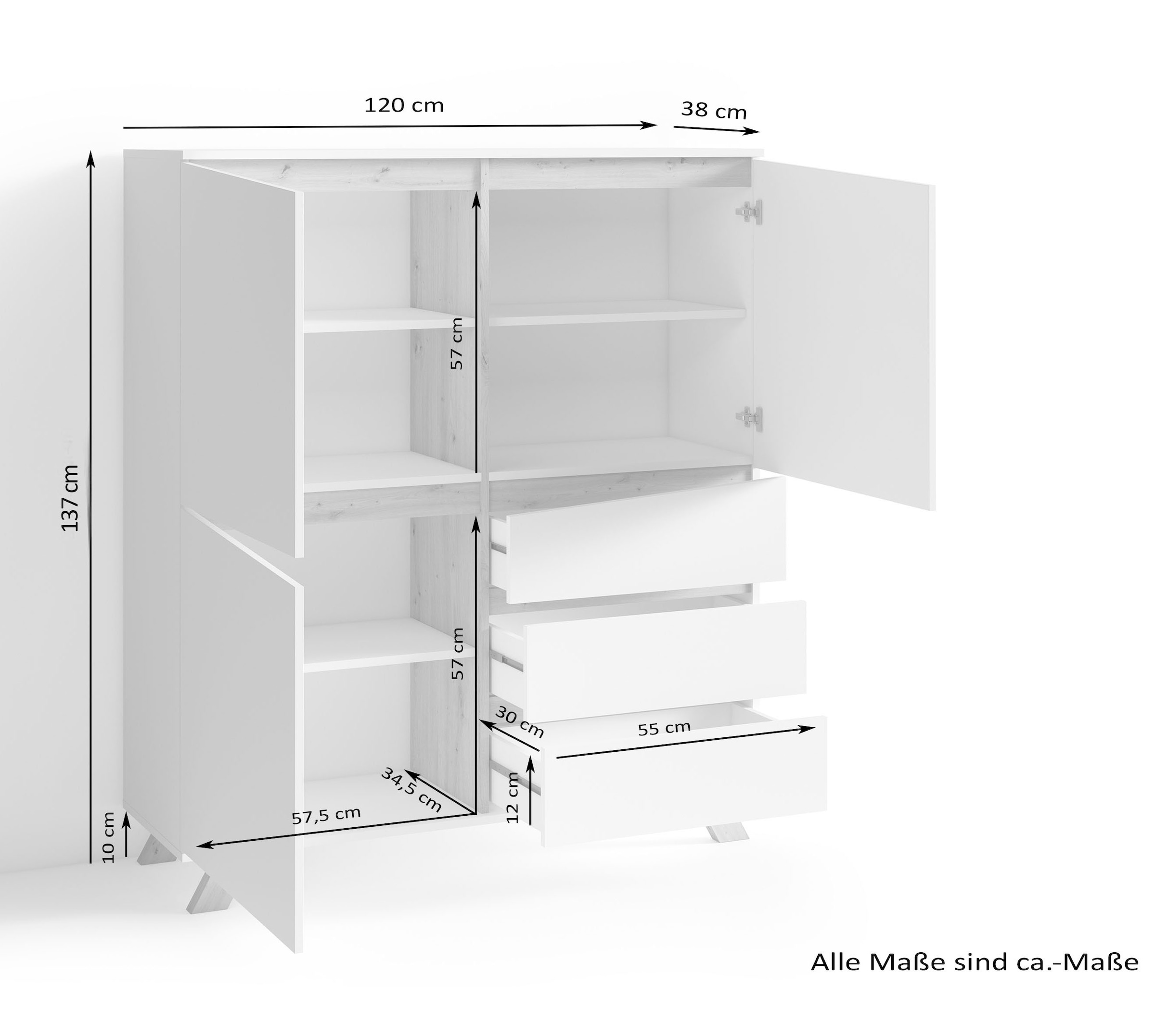 byLIVING Highboard »Valentin« 3 Schubkästen und 3 Türen, Breite 120cm in modernem Scandi - Design