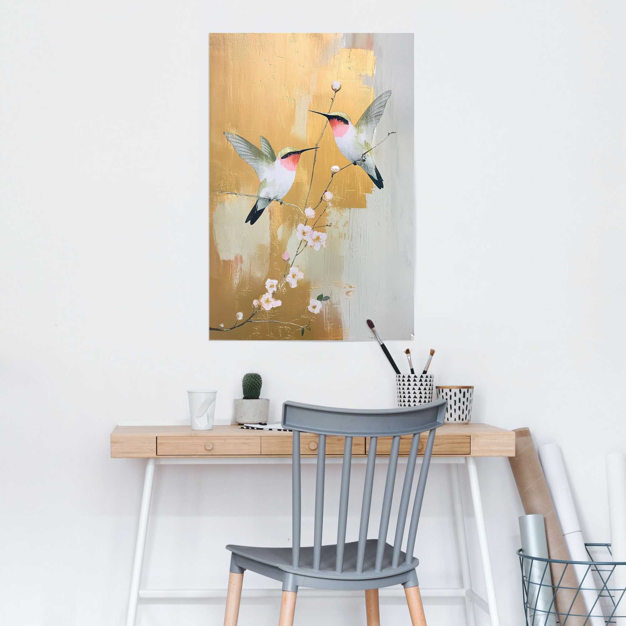 Image of Reinders Poster "Kolibri-Duo" Tiere 1 Stk. tlg. Wohnzimmer - Gold - Bilderdruckpapier - Tiere - 61x91,5 cm
