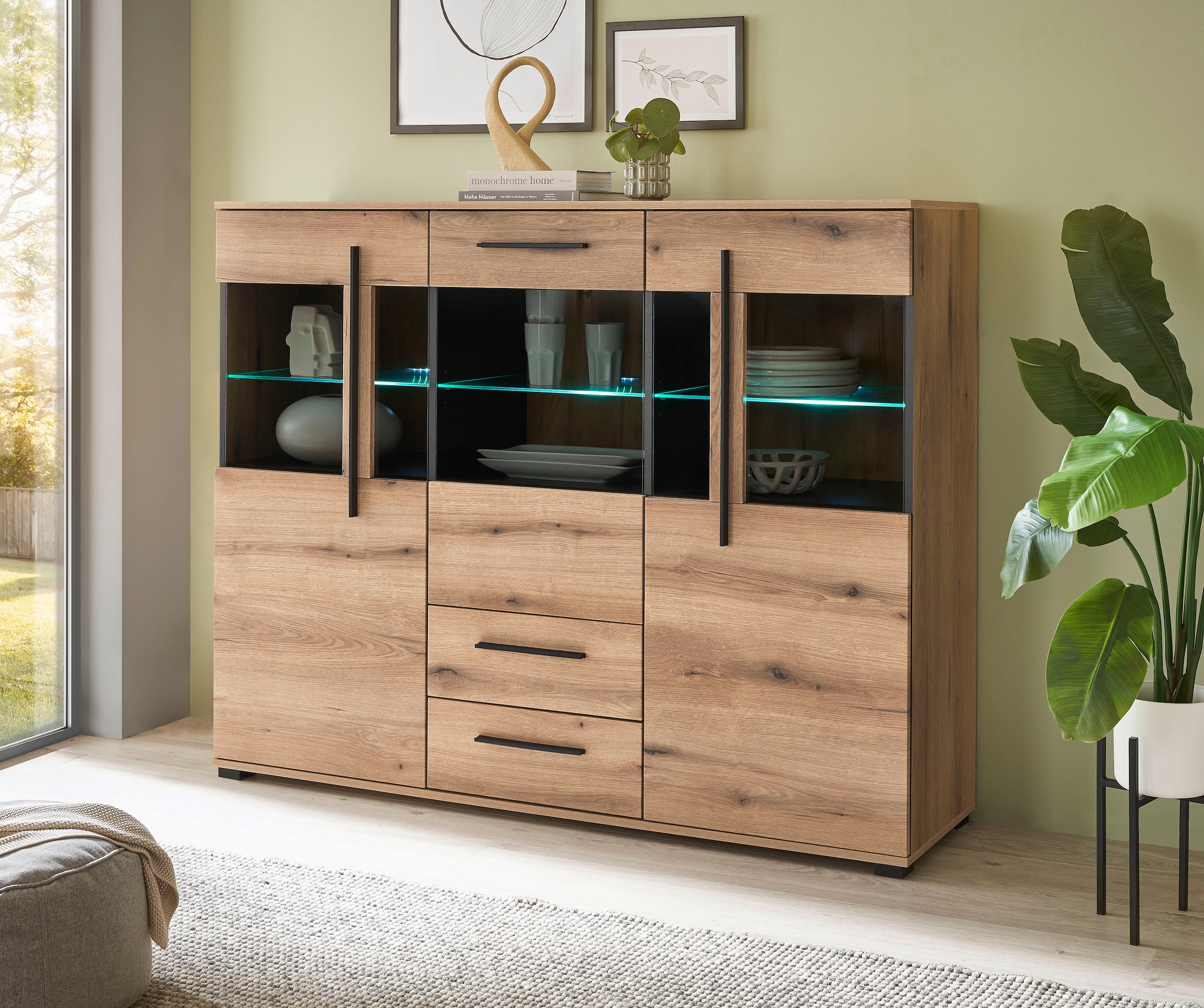 INOSIGN Highboard »Cantara, moderner Schrank, Vitrine in Eiche Dekor oder weiss«, schwarze Stangengriffe, ausreichend Stauraum, vielseitig einsetzbar