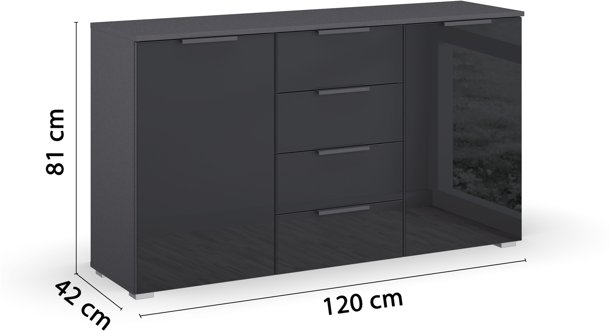 rauch Schubkastenkommode »Sideboard Kommode Kombikommode KOLUNA mit Glasfront« Breite 120 cm mit hochwertiger Glasfront,  vier grosse Schubladen, mit insgesamt 4 Einlegeböden MADE IN GERMANY
