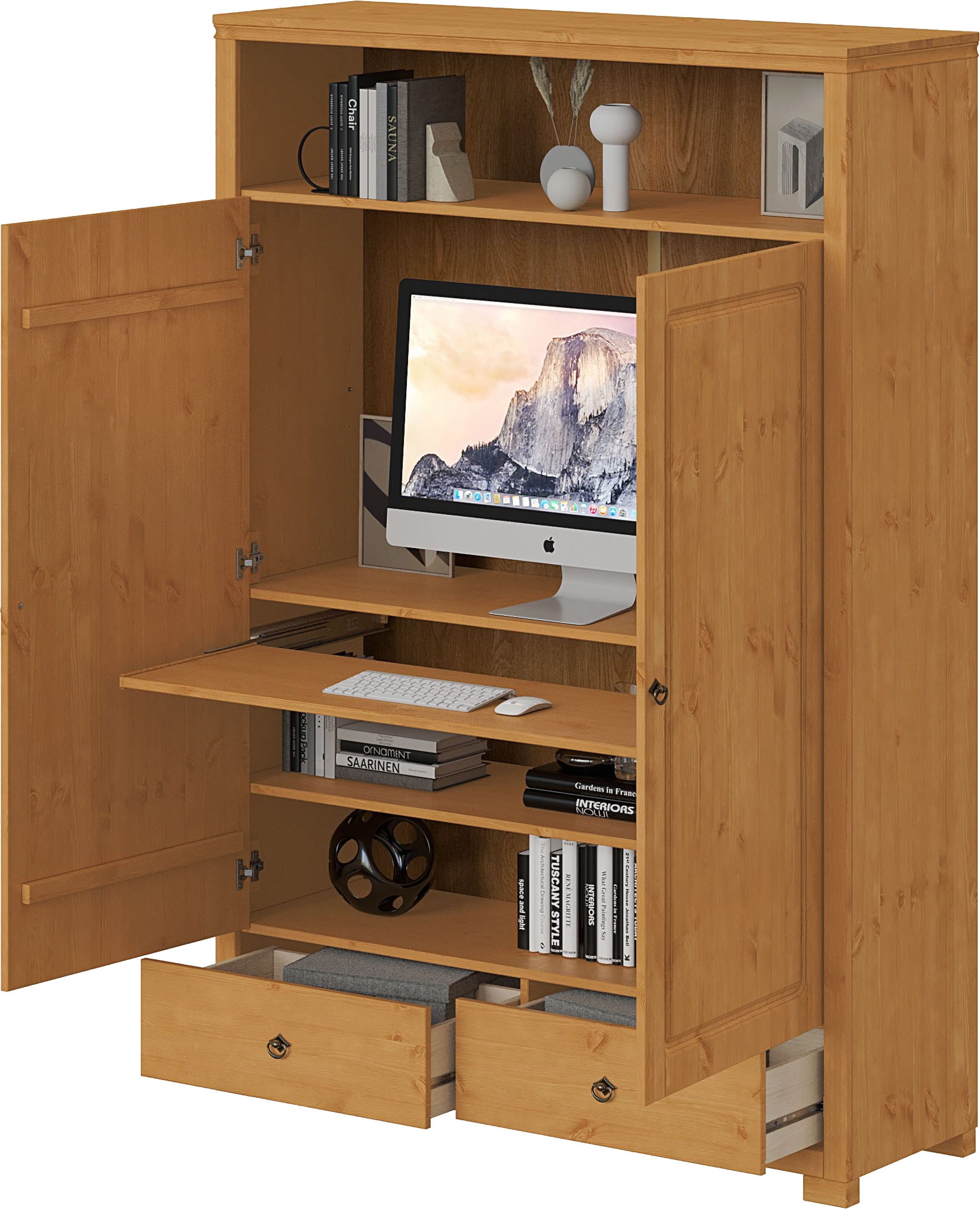 GOODproduct Armoire à linge »Gotland! Home Office Schrank, Mehrzweckschrank, Büroschrank« H/B/T ca. 180/125/40cm,  mit Ausziehregal, Schublade, stabil + langlebig, Massivholz made in EU