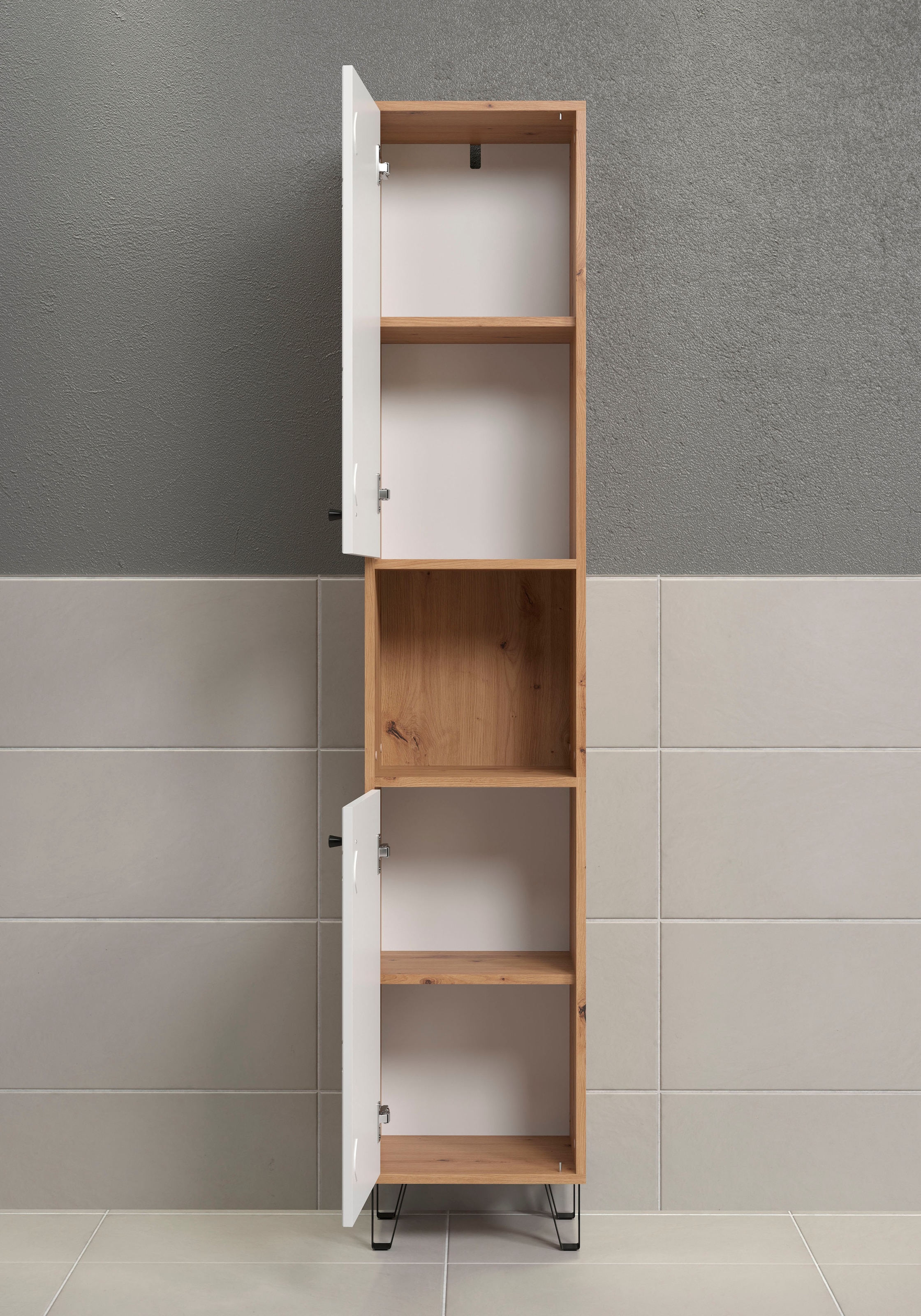 Places of Style Hochschrank »Tarragona«, (1 St.), Breite 36 cm, 2 Türen, Retro Metallfüsse, matt, braune Holzoptik / weiss