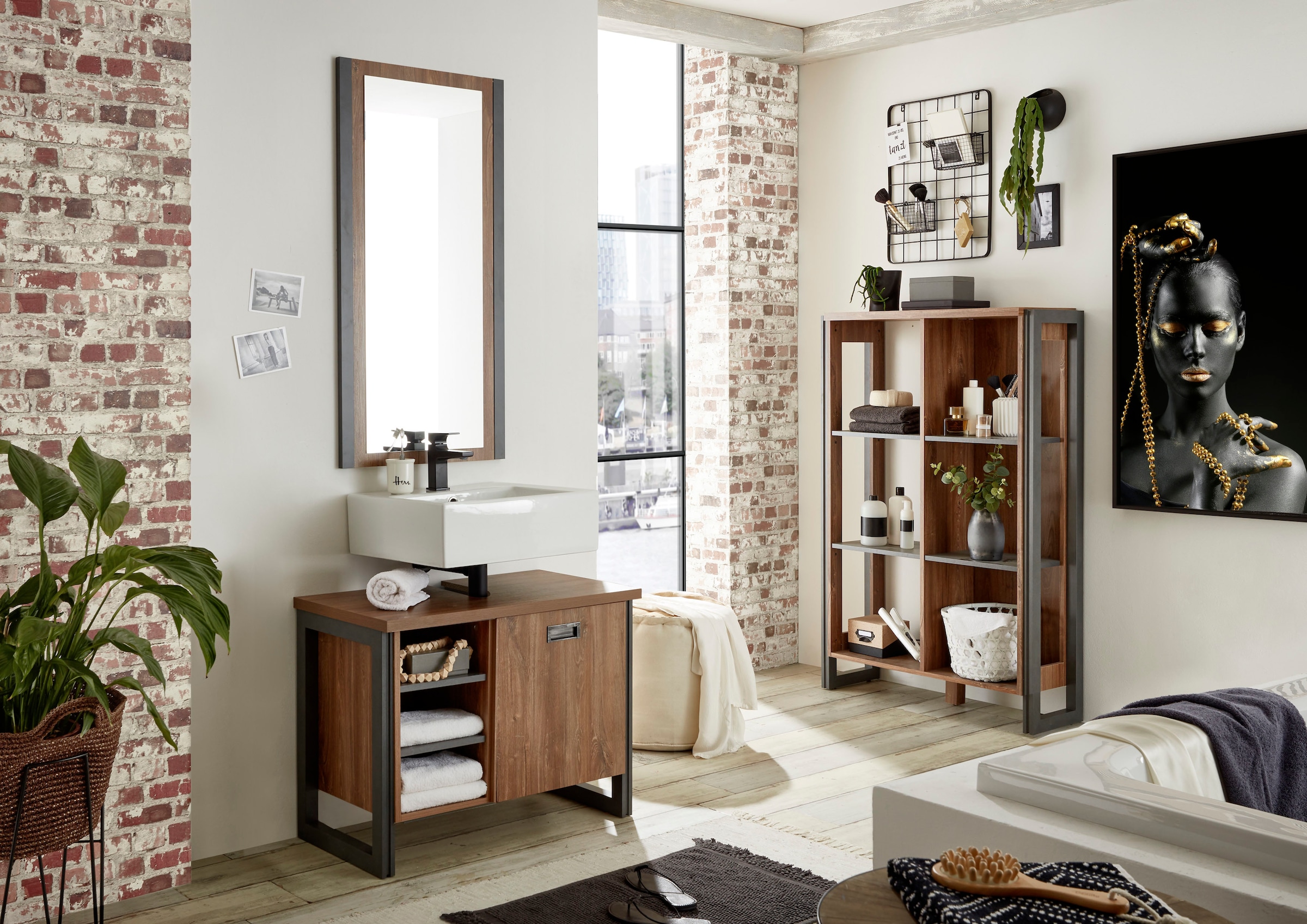 Home affaire Badmöbel-Set »Detroit, Bad im Industrialdesign, 3-teiliges Badezimmer«, (Set, 3 St.), Unterschrank, Regal & Spiegel, holzfarben, offene Fächer & Stauraum