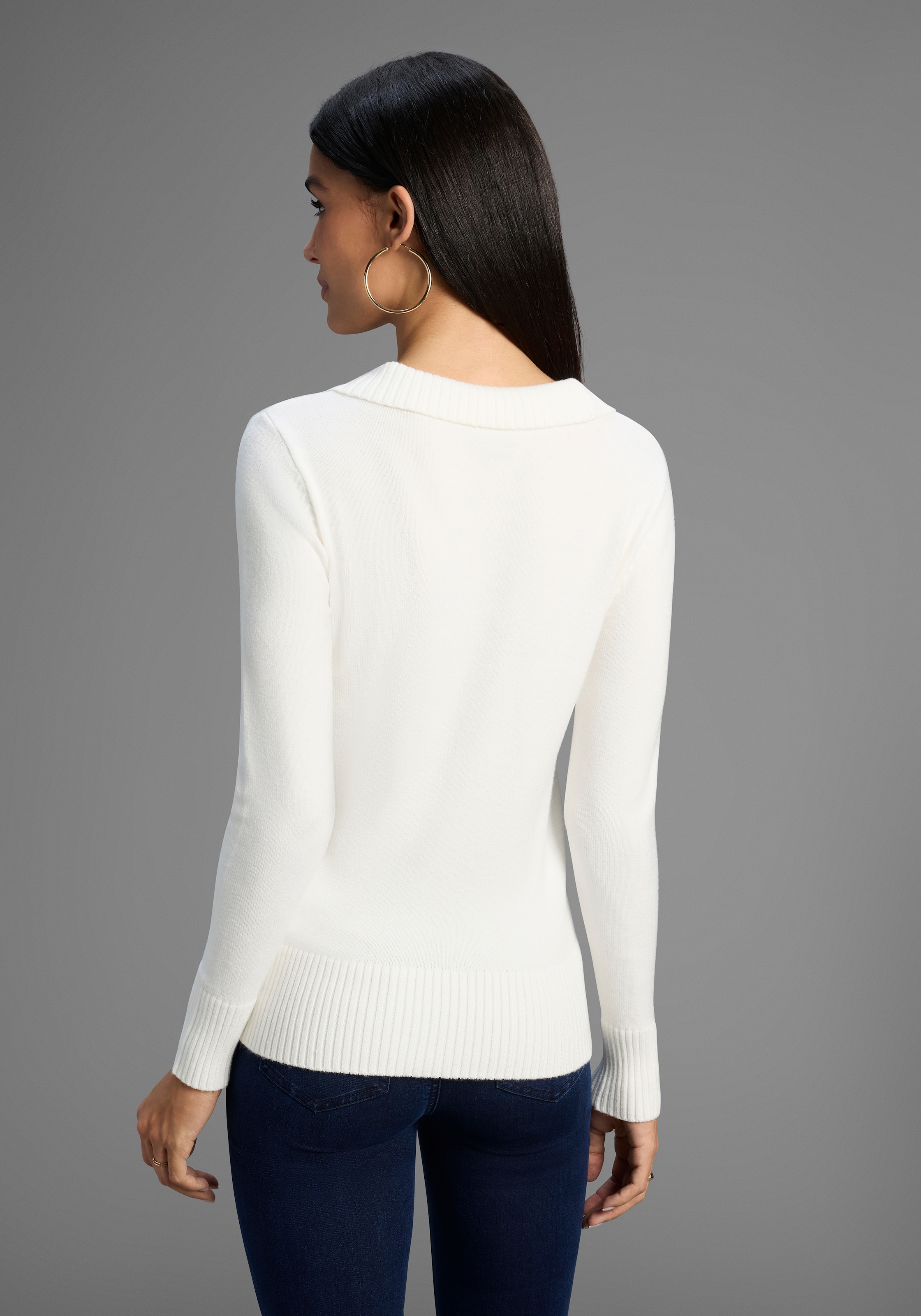 Bruno Banani Schalkragenpullover Wickel-Optik mit Zierknöpfen - NEUE KOLLEKTION