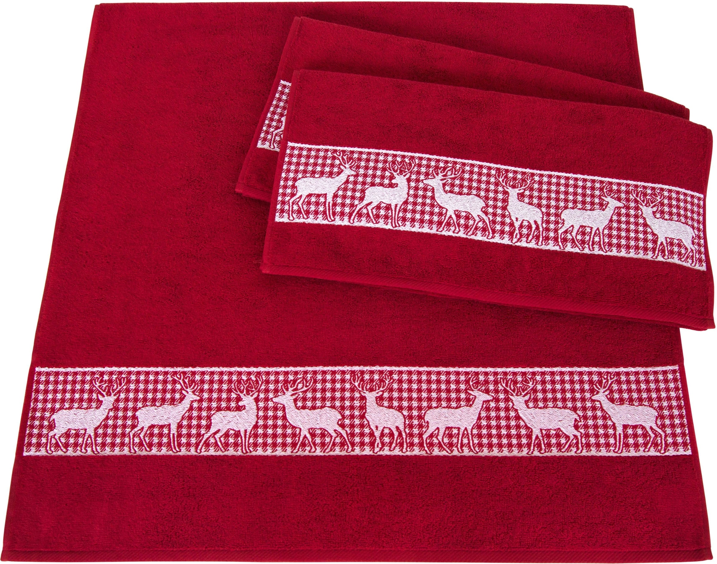 Dyckhoff Handtuch Set »Hirschparade«, (Set, 3 St., 2 Handtücher (50x100 cm)-1 Badetuch (70x140 cm), Hirschmotiven; 2 Handtücher (50x100cm), 1 Duschtuch (70x140cm)