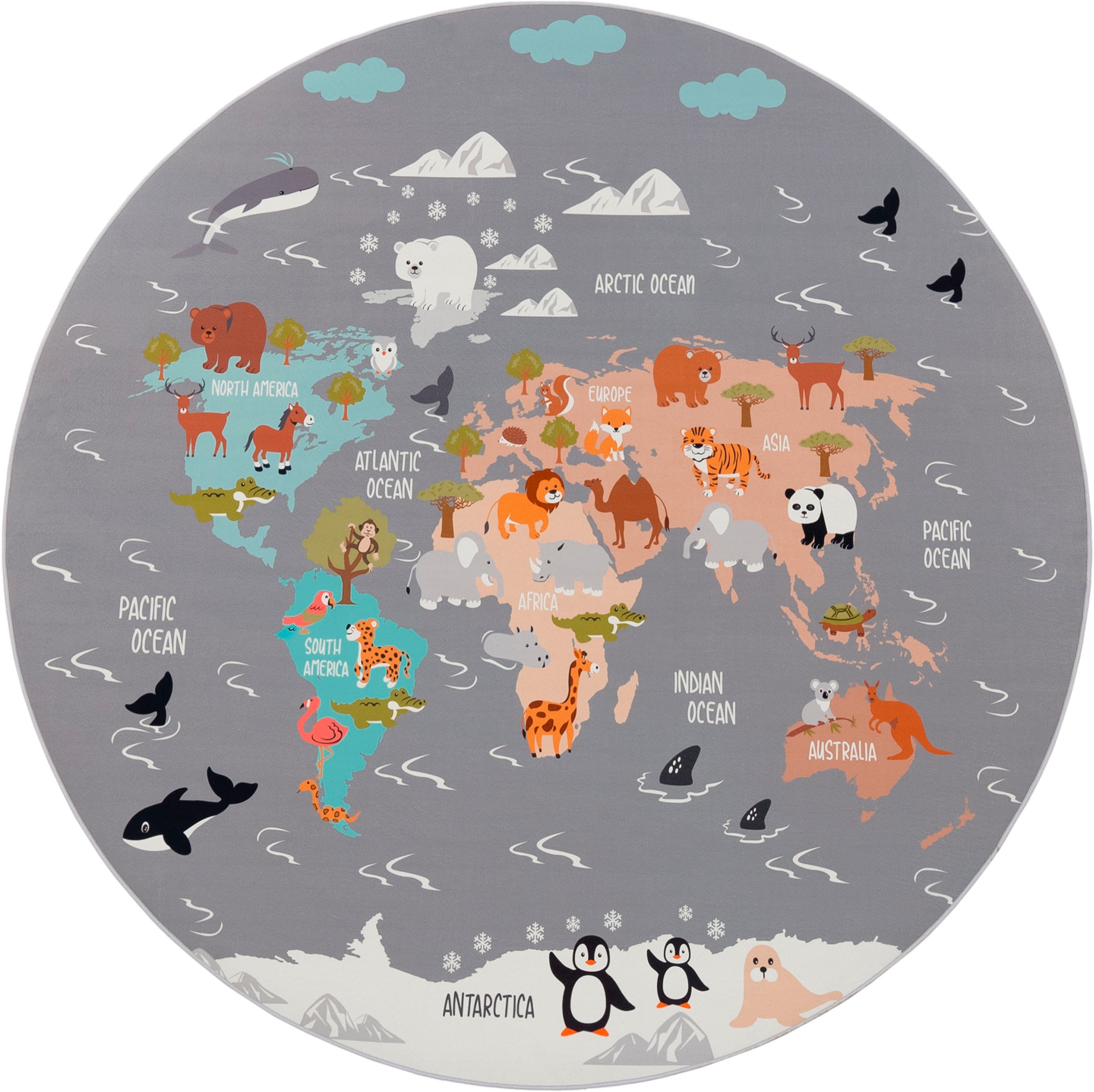 Paco Home Kinderteppich »Bino 581«, rund, Spielteppich, Motiv Weltkarte & Tiere, Kinderzimmer