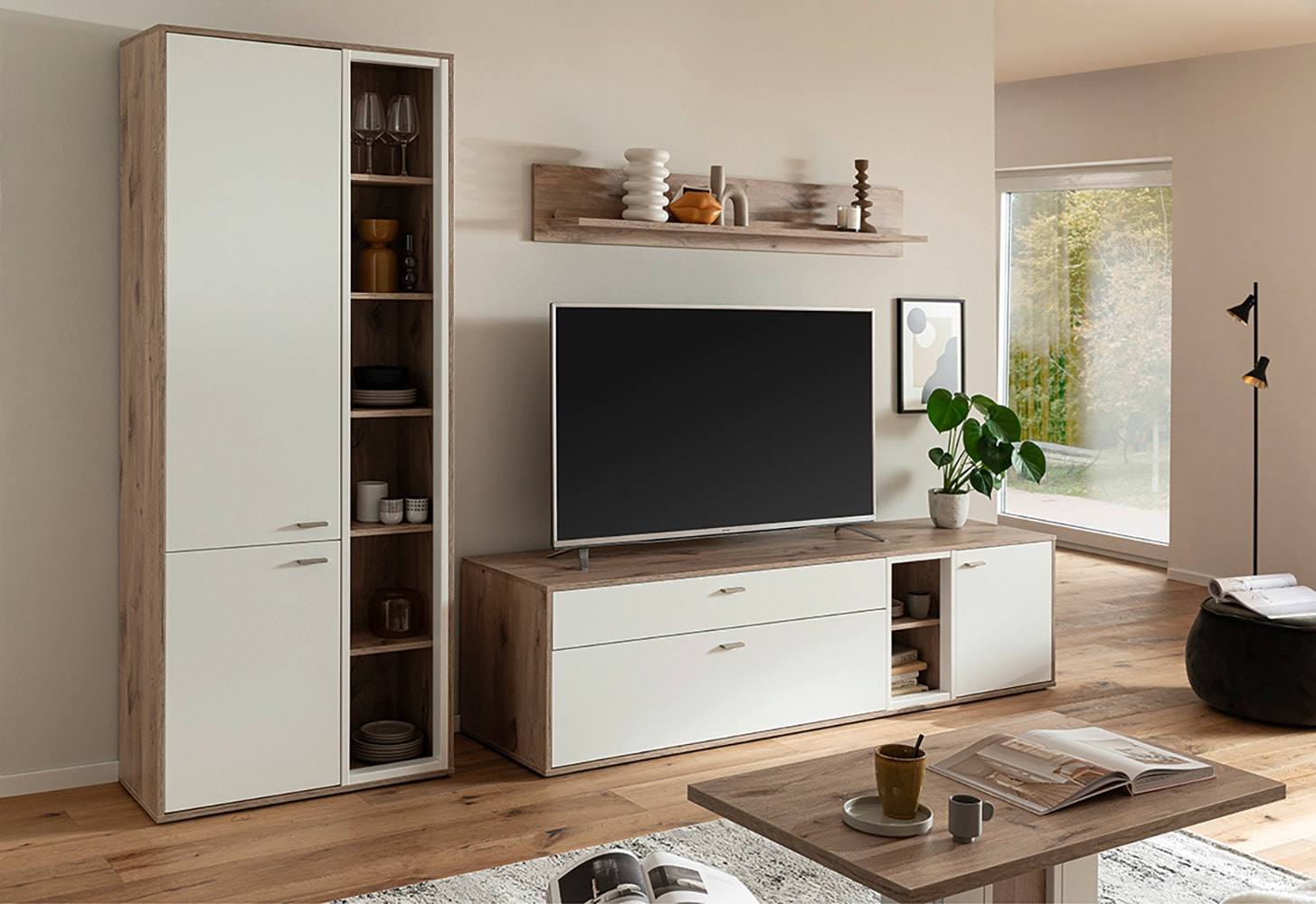 MCA furniture Table basse »SANTERNO Couchtisch mit Säule« 1 cuis tlg. Tisch, Soft White/Viking Oak, mit Säule, belastbar 50kg, Breite 95 cm