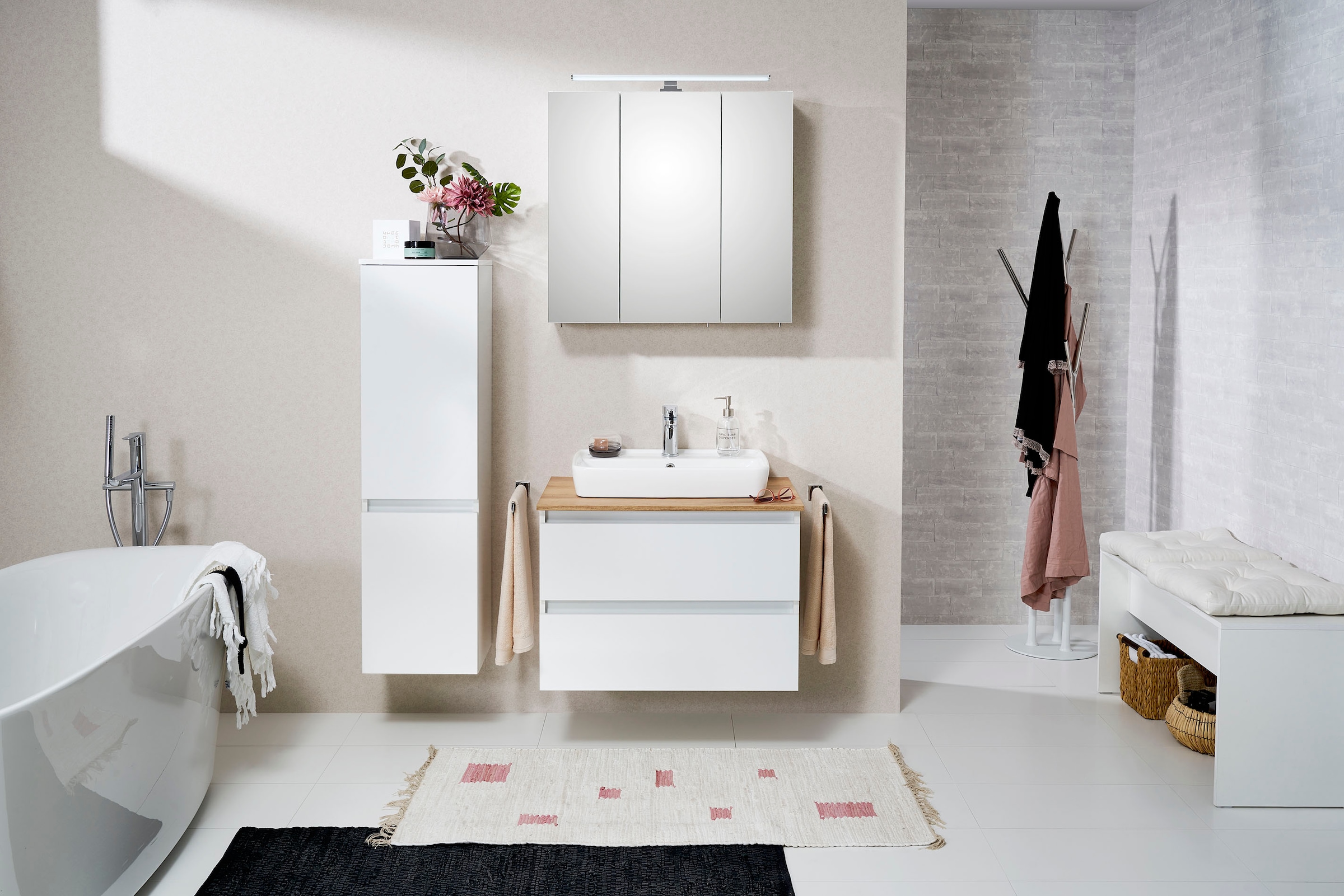 Saphir Waschtisch »Quickset 360 Waschplatz mit Keramik-Aufsatzbecken, wandhängend« Waschtischplatte, 78 cm breit, Weiss Glanz, 2 Schubladen