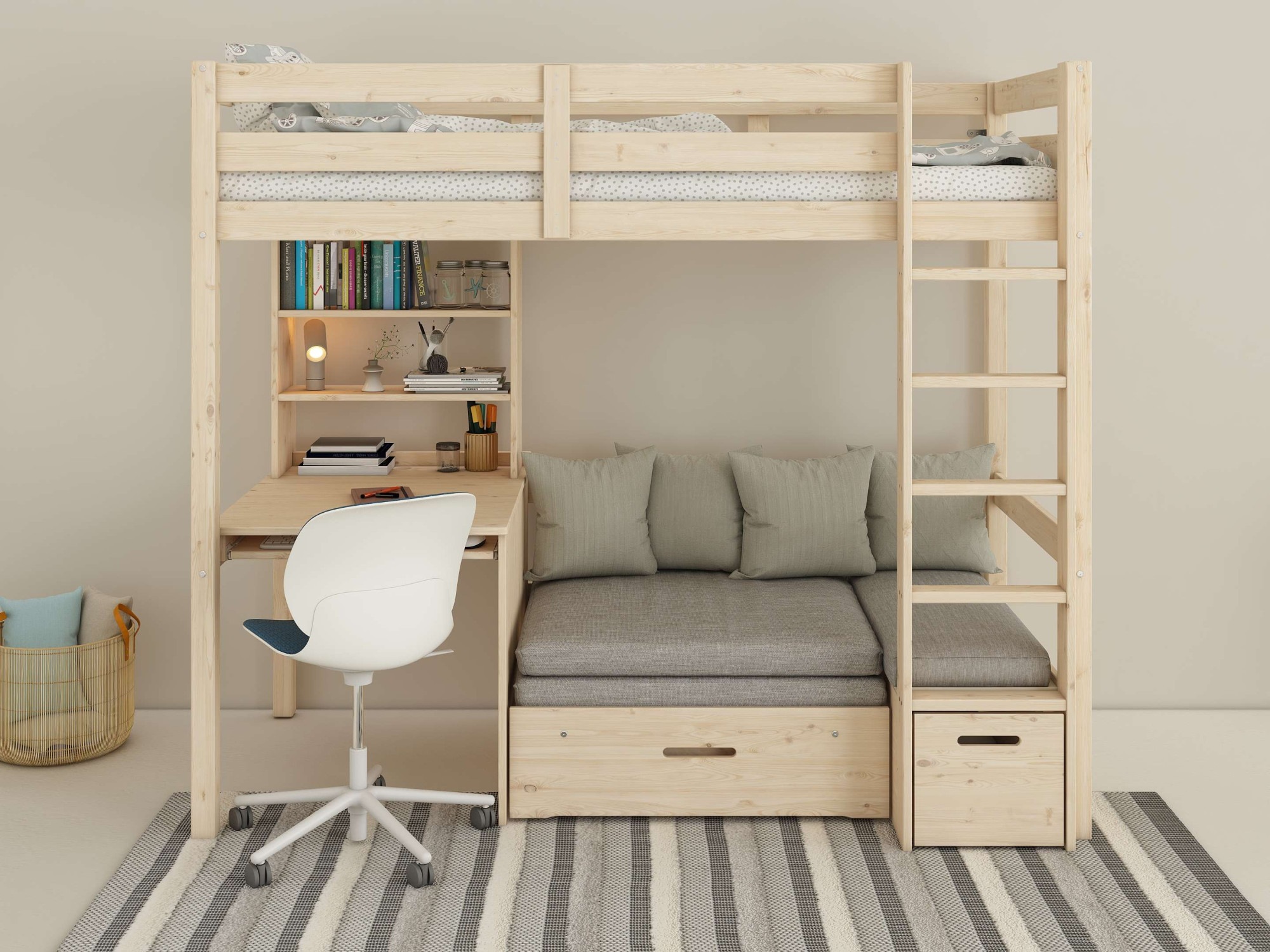 Lüttenhütt Etagenbett »HENNE' TOPSELLER! Hochbett, Ideal für kleine Räume, 2 Schlafplätze«, (zweiter Schlafplatz ausziehbar, B/H/T ca. 208/180/105cm), mit Polsterauflagen+ Schreibtisch + Stauraum, mehrere Farben