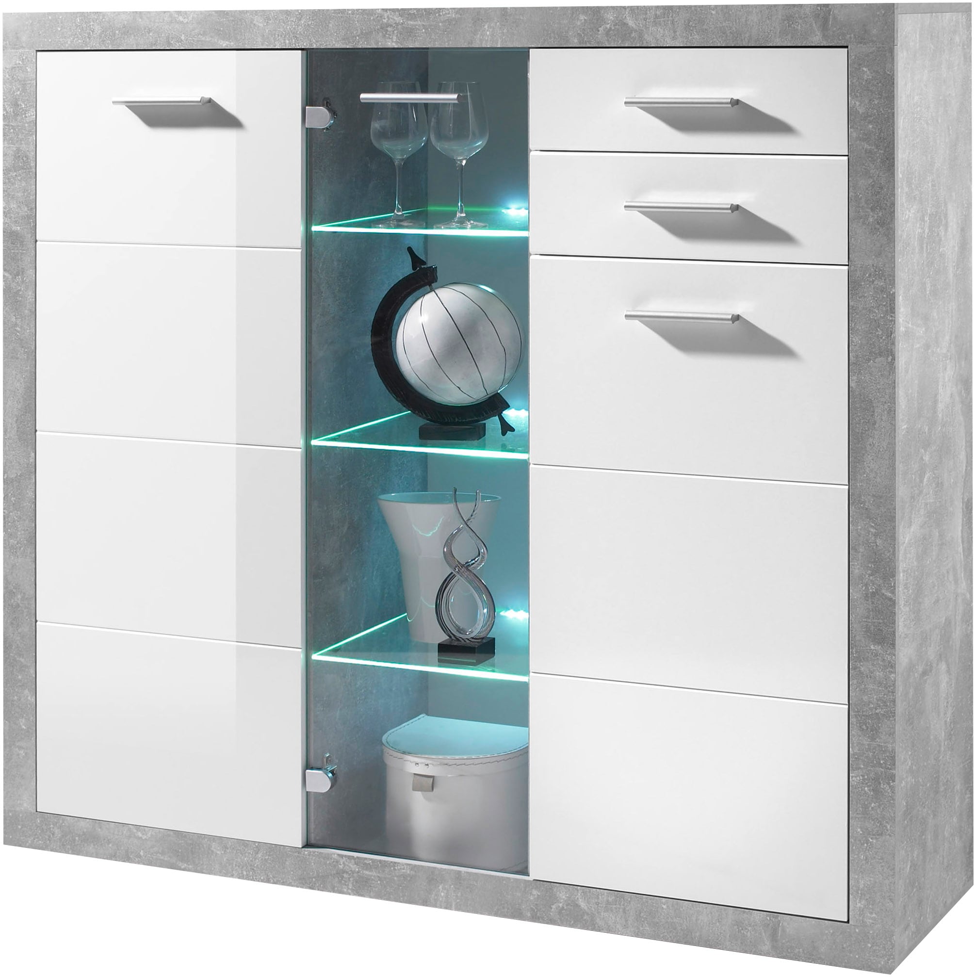Image of HBZ Highboard "Stone weiss Hochglanz, Wohnzimmerschrank BxHxT 137x134x37 cm" 1 Stk. tlg. Mit 2 Türen, 1 Glastür, 5 Einlegeböden und 3 Glasböden