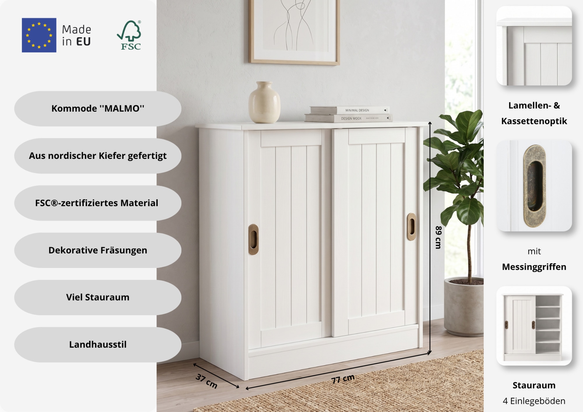 GOODproduct Armoire à chaussures »Malmö Schuhkommode mit Schiebetüren« L/P/H : 77/37/89 cm,  en pin massif certifié FSC®, largeur 77 cm