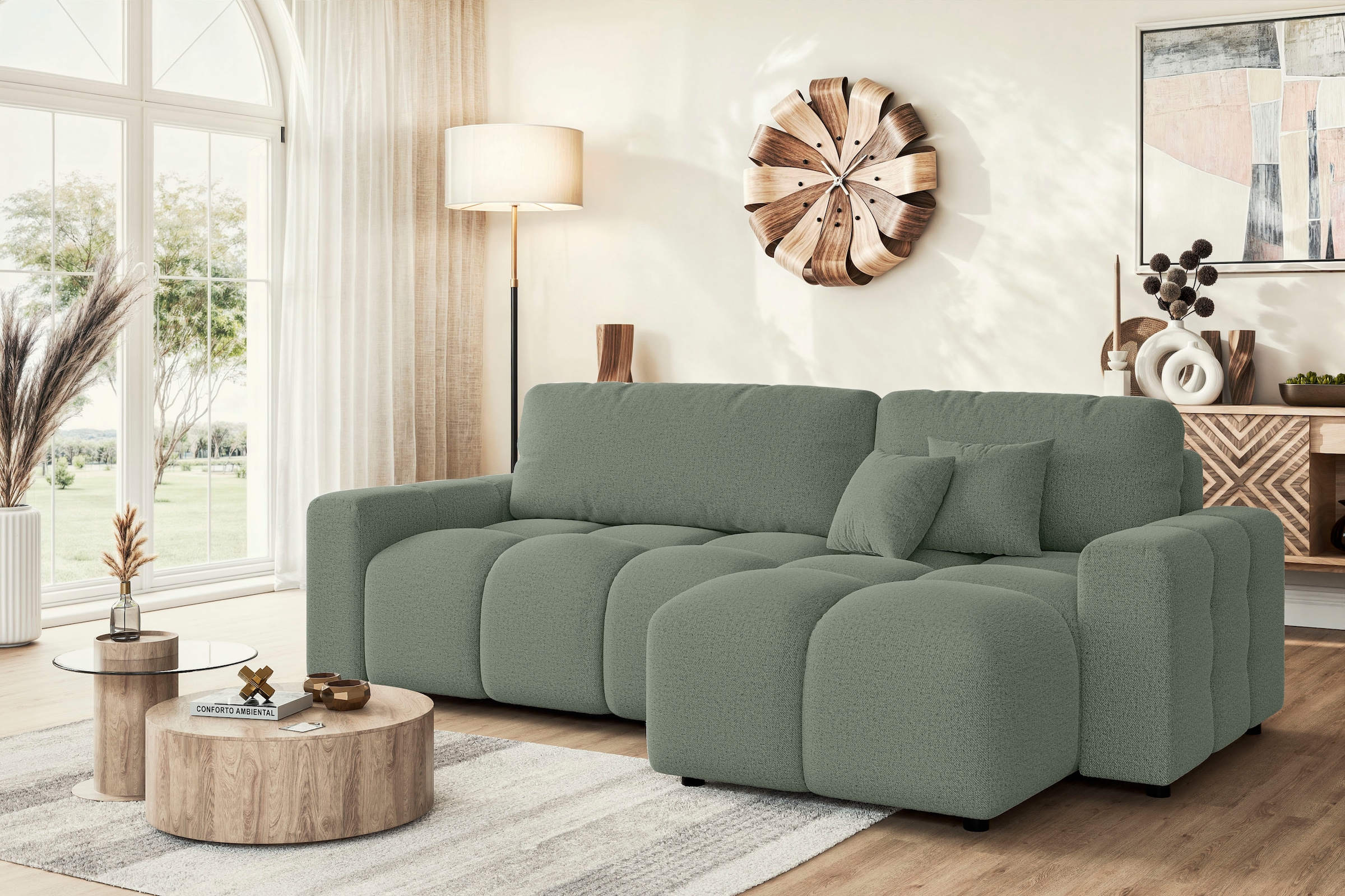 INOSIGN Ecksofa »FELICI, Schlafsofa 233cm, L-Form mit Recamiere beidseitig montierbar«, Designsofa mit Bettfunktion und Bettkasten, Masse B/T/H: 233/142/88 cm