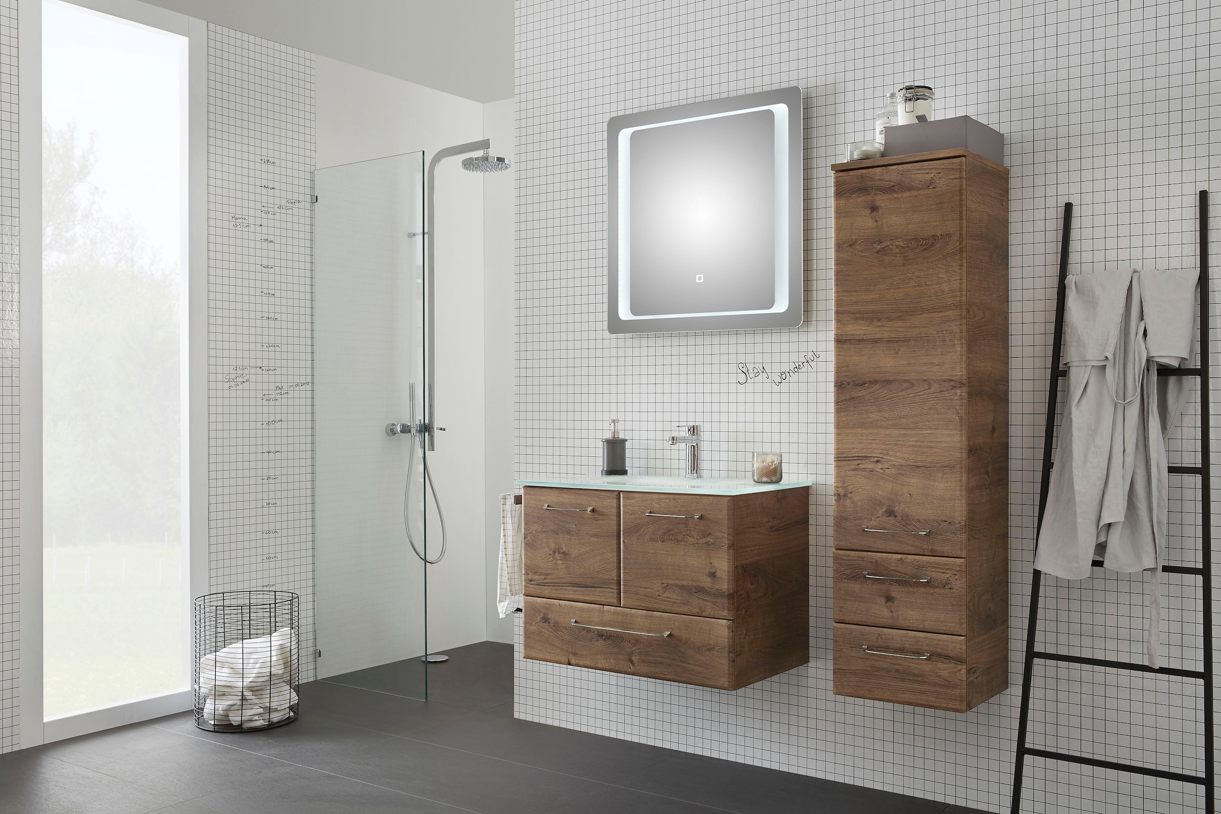 Saphir Waschtisch »Quickset Glaswaschtisch mit Unterschrank, 74 cm breit, Waschplatz« Griffe in Chrom Glanz, inkl. Türdämpfer, 2 Türen, 1 Schublade