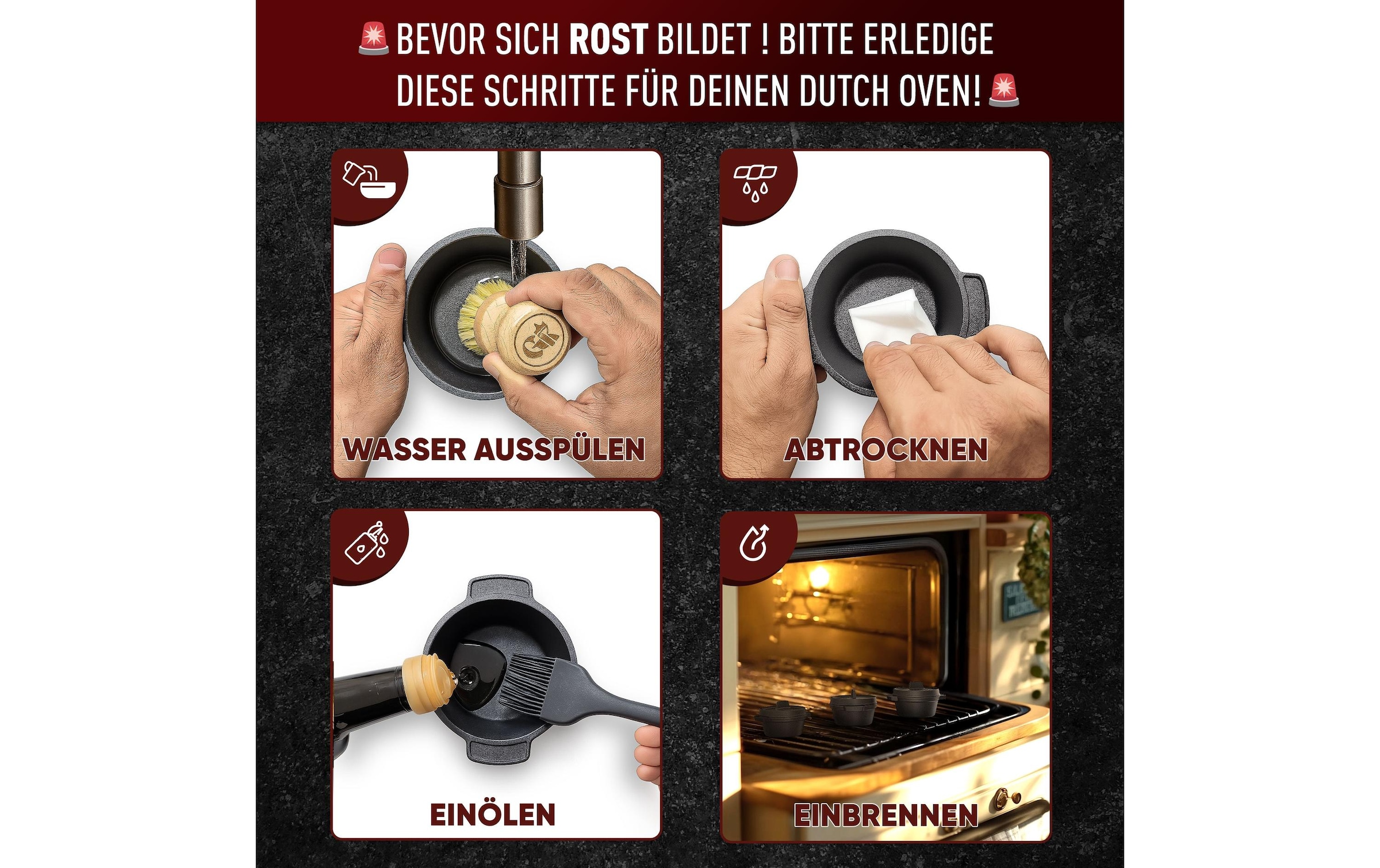   Marmite à barbecue »Gusskoenig Mini Dutch Set 4 Töpfe, Untersetzer« 8 cuis tlg. Set 4 Töpfe mit Holz-Untersetzern und Rezeptbuch