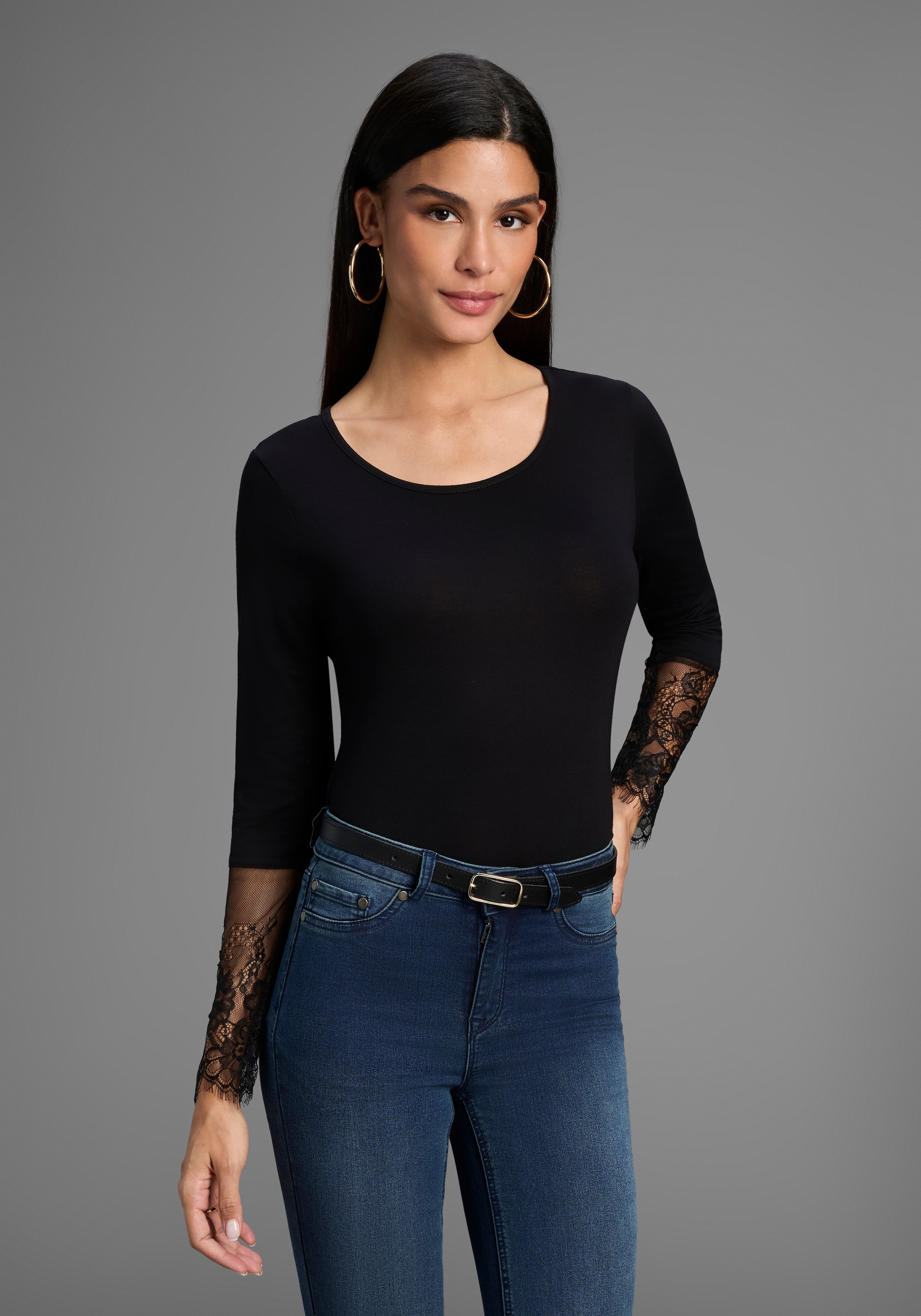 Image of Melrose Langarmshirt taillierte Passform, aus Jersey und Spitze
