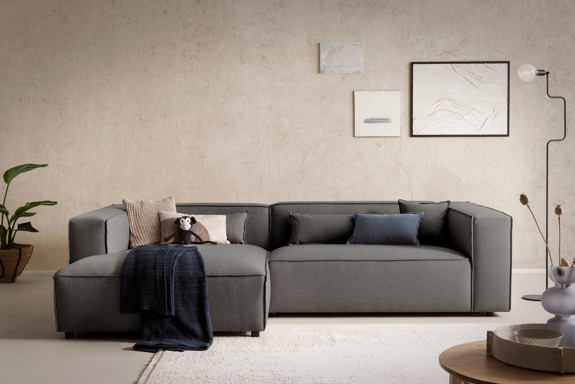 LeGer Home by Lena Gercke Ecksofa »PIARA XXL, Big-Sofa in Cord oder Leinenoptik, L-Form, mit Kedernaht«, wahlweise Ottomane rechts/links, schwarze Füsse, extra tiefe Sitzfläche