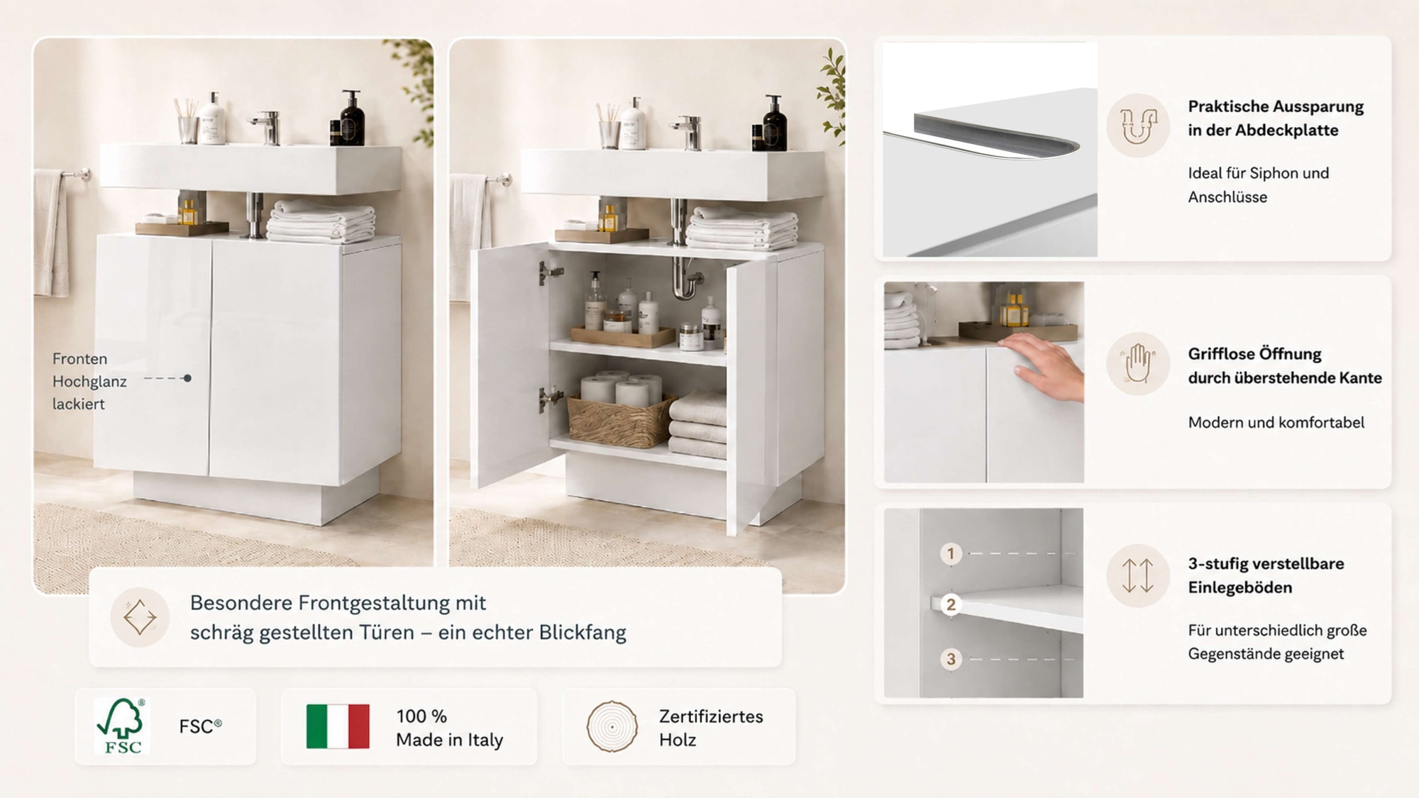welltime Armoire sous lavabo »Vela,Breite 60cm, 2 Türen, 2 Fächer, mit Siphonausschnitt, lackiert« 1 cuis tlg. meuble sous-lavabo, plan vasque, design avec portes inclinées