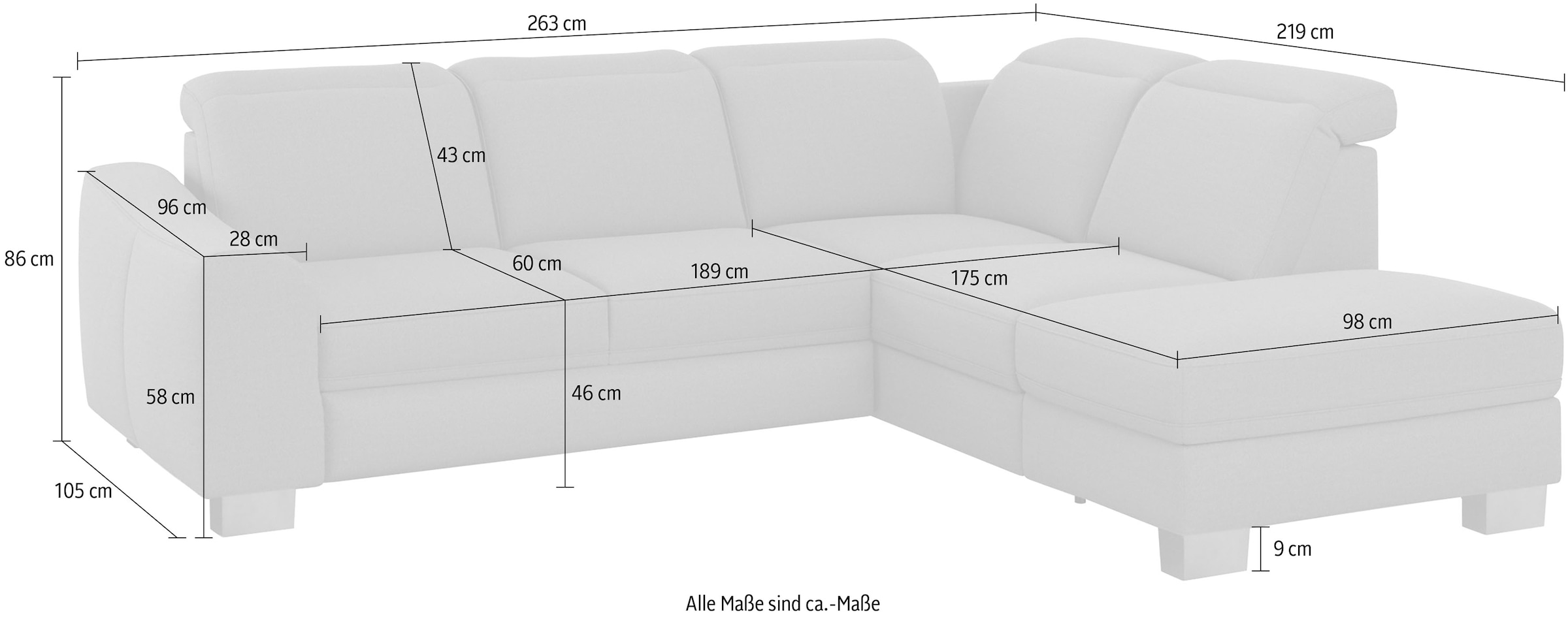sit&more Ecksofa »Dundee L-Form« mit Federkern und Edelstahlfüssen, wahlweise mit Kopfteilverstellung