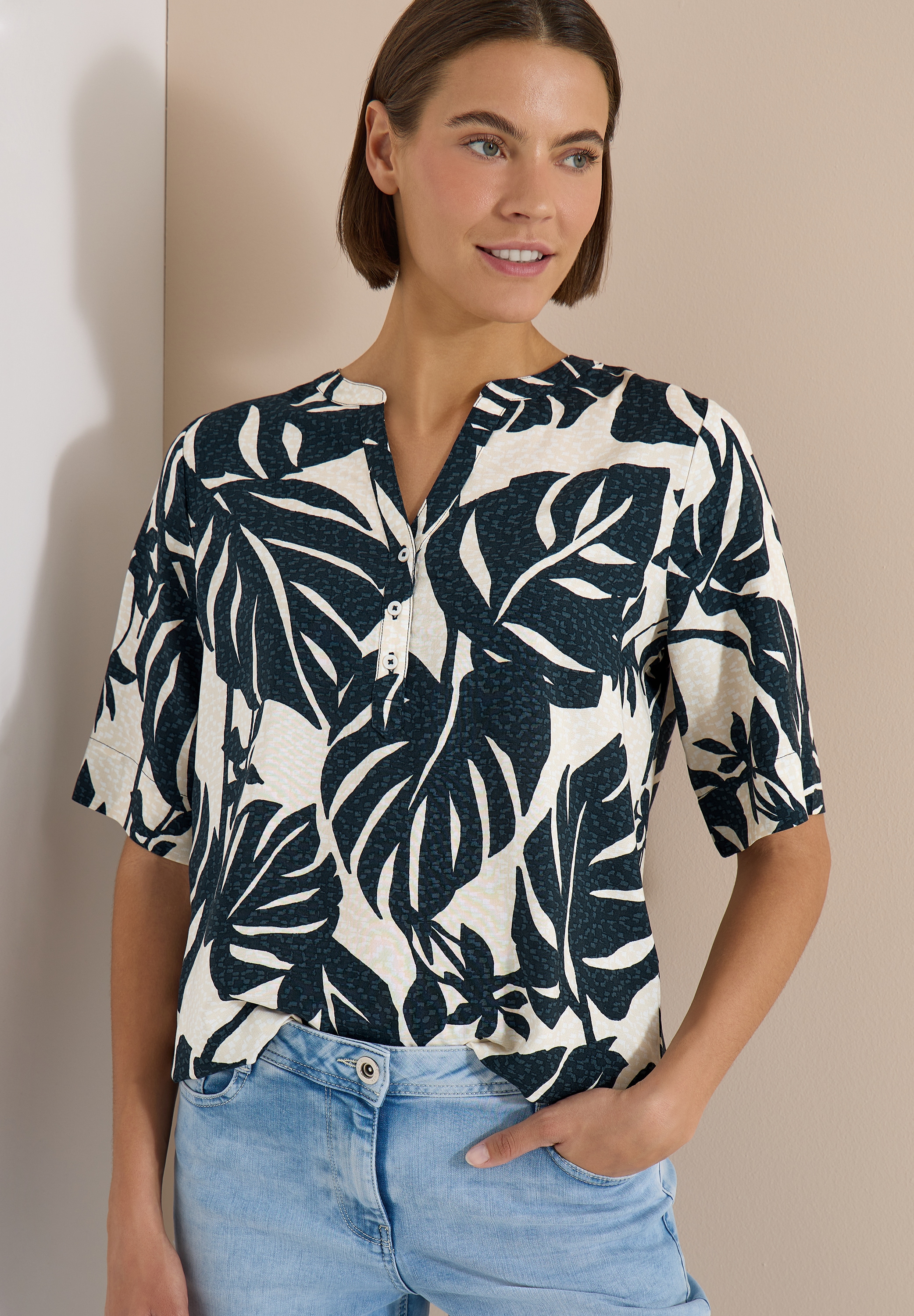 Image of Cecil Shirtbluse Kurzarm Sommerbluse mit Split Neck
