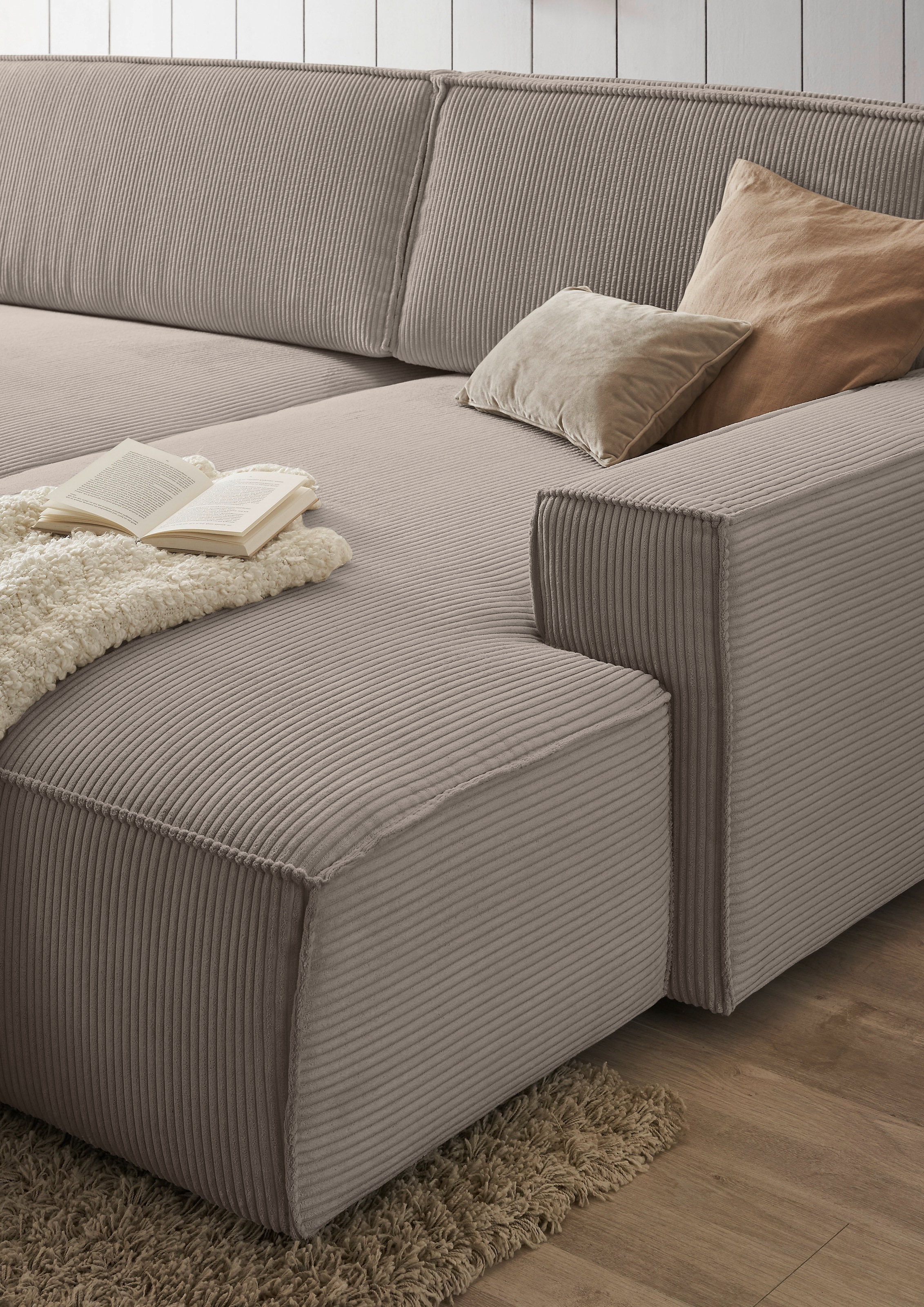 Home affaire Ecksofa »NEU: SHERWOOD XXL 284, Big-Sofa L-Form, tiefe Sitzfläche 95 cm, Cord« Recamiere rechts/links, als Schlafsofa stellbar, Cord u. Leinenoptik
