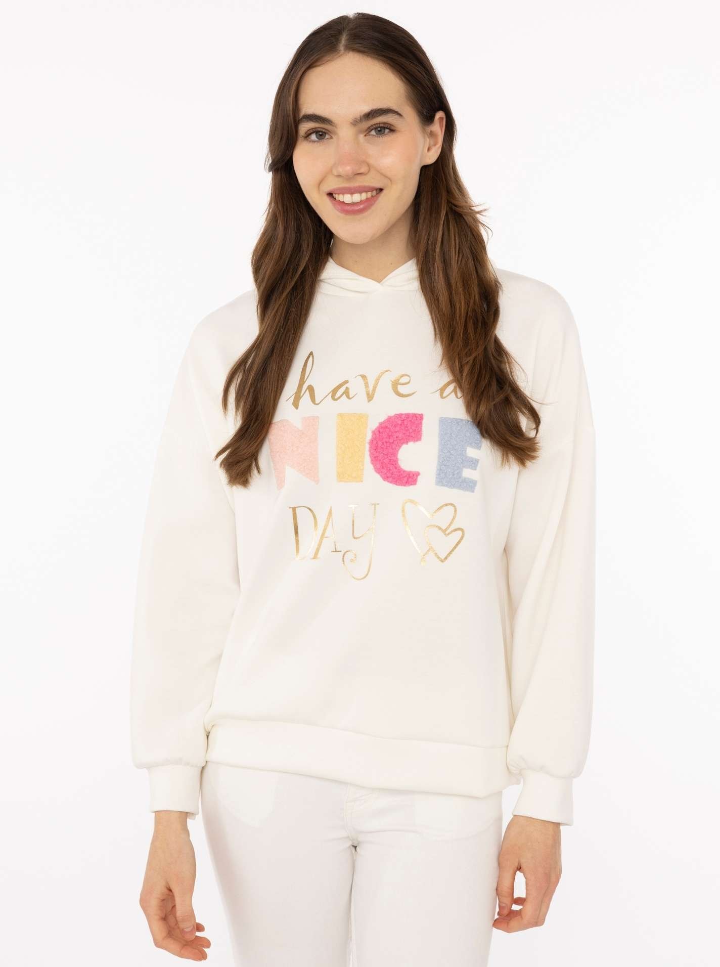 Image of Zwillingsherz Hoodie ""Nice Day"", Kapuze, lange Ärmel, elastische Bündchen, grosser Neon-Print