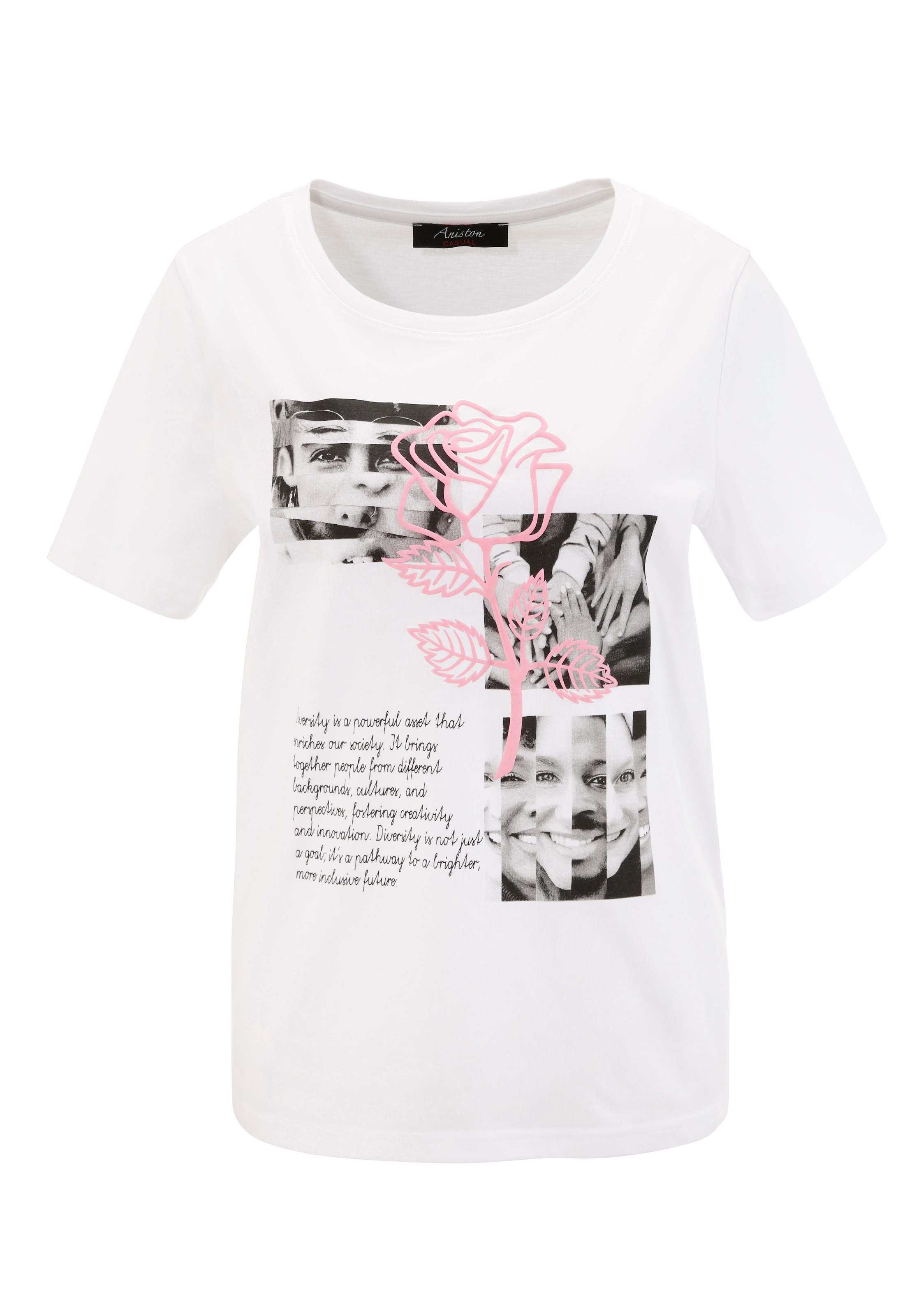 Aniston CASUAL T-Shirt, mit Rose verzierter Diversity-Frontprint