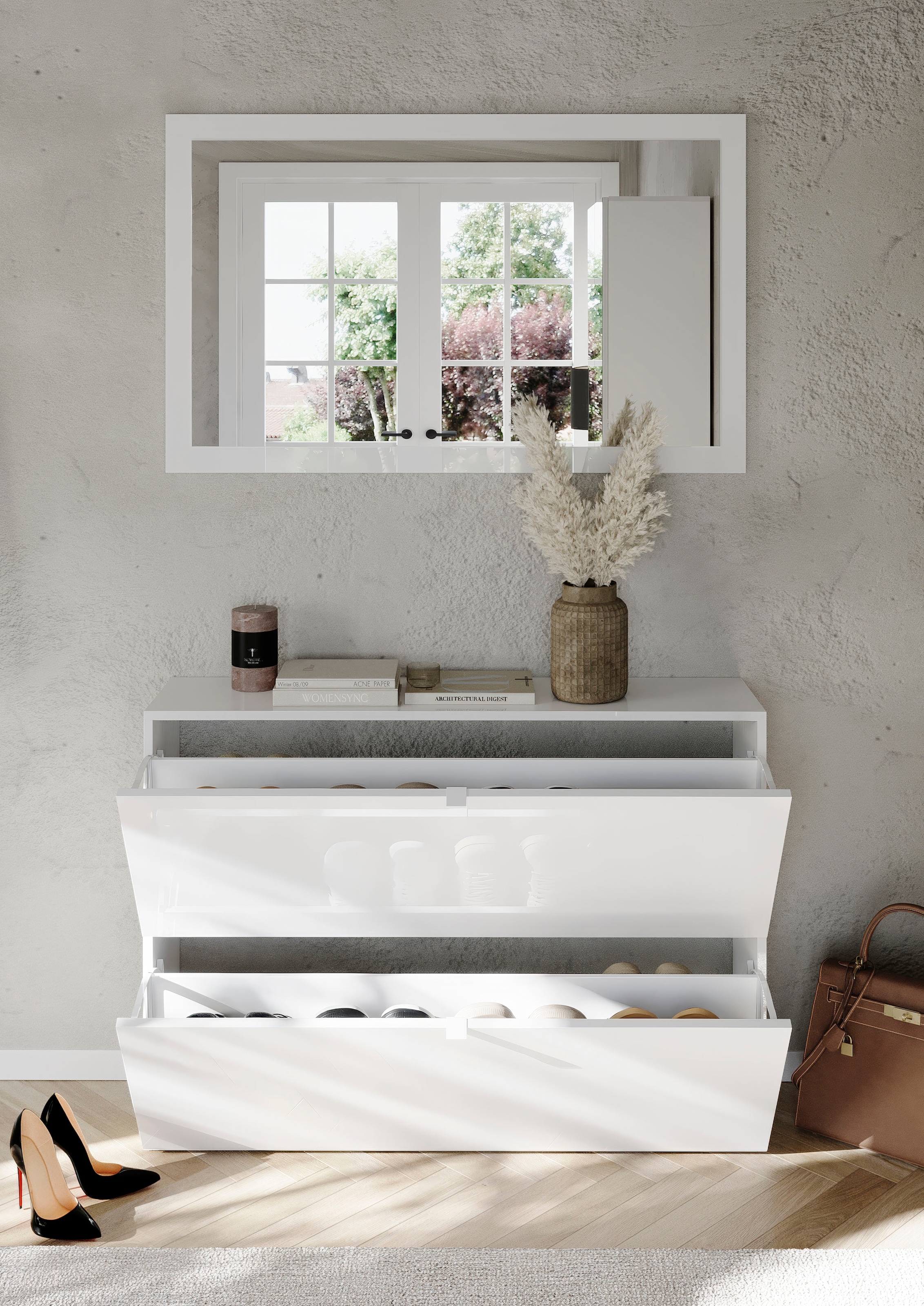 INOSIGN Schuhschrank »SMILE Breite 104 cm, 2 Klappen, komplett Weiss Hochglanz lackiert,«, Schuhkipper hängend o. stehend montierbar, 4 Fächer, Metallgriffe