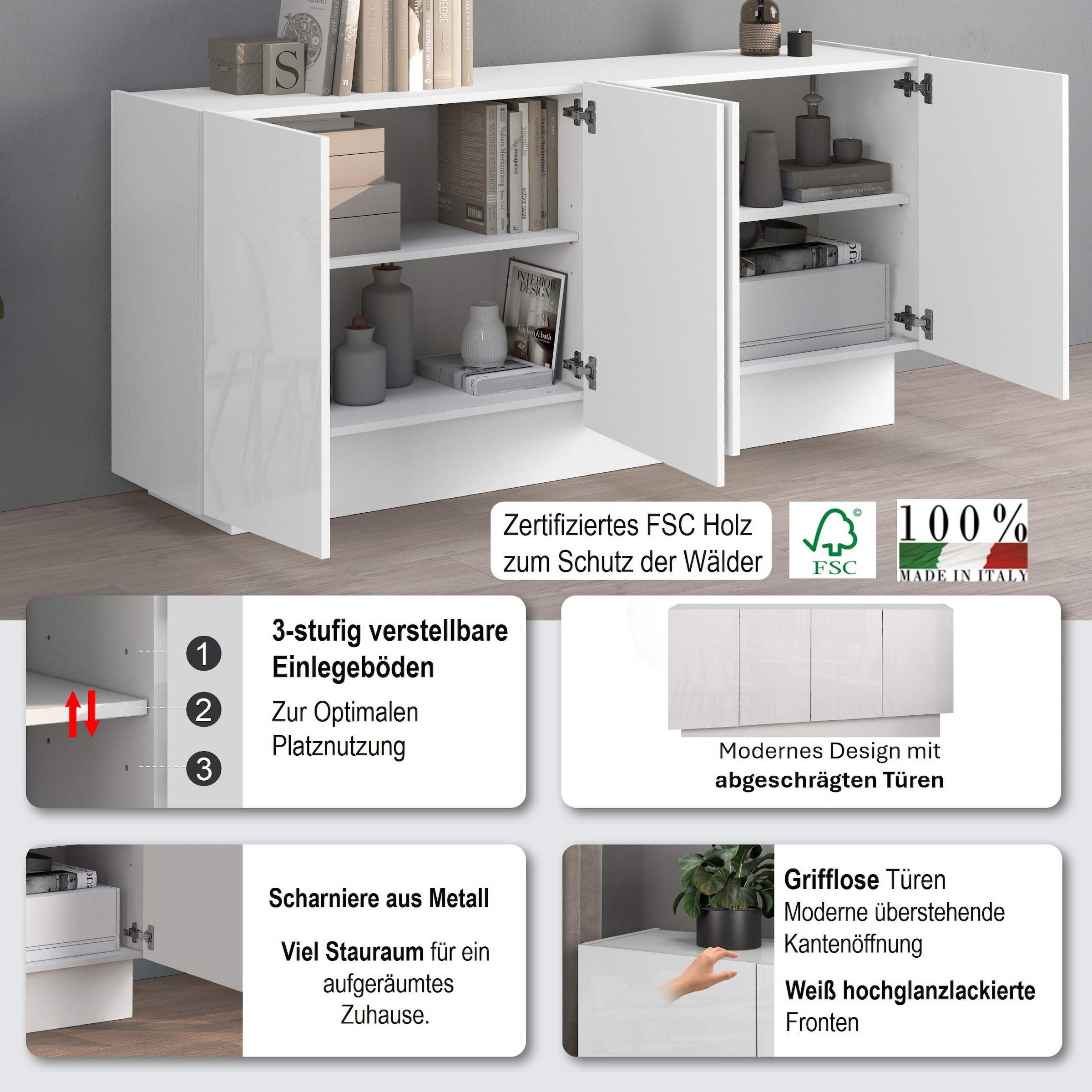 INOSIGN Sideboard »VELA, Sideboard, Breite 160 cm, Design mit schrägen Türen« 1 Stk. tlg. Made in Italy, Masse-B/T/H: 160x35x75,Sideboard, Anrichte, Kommode