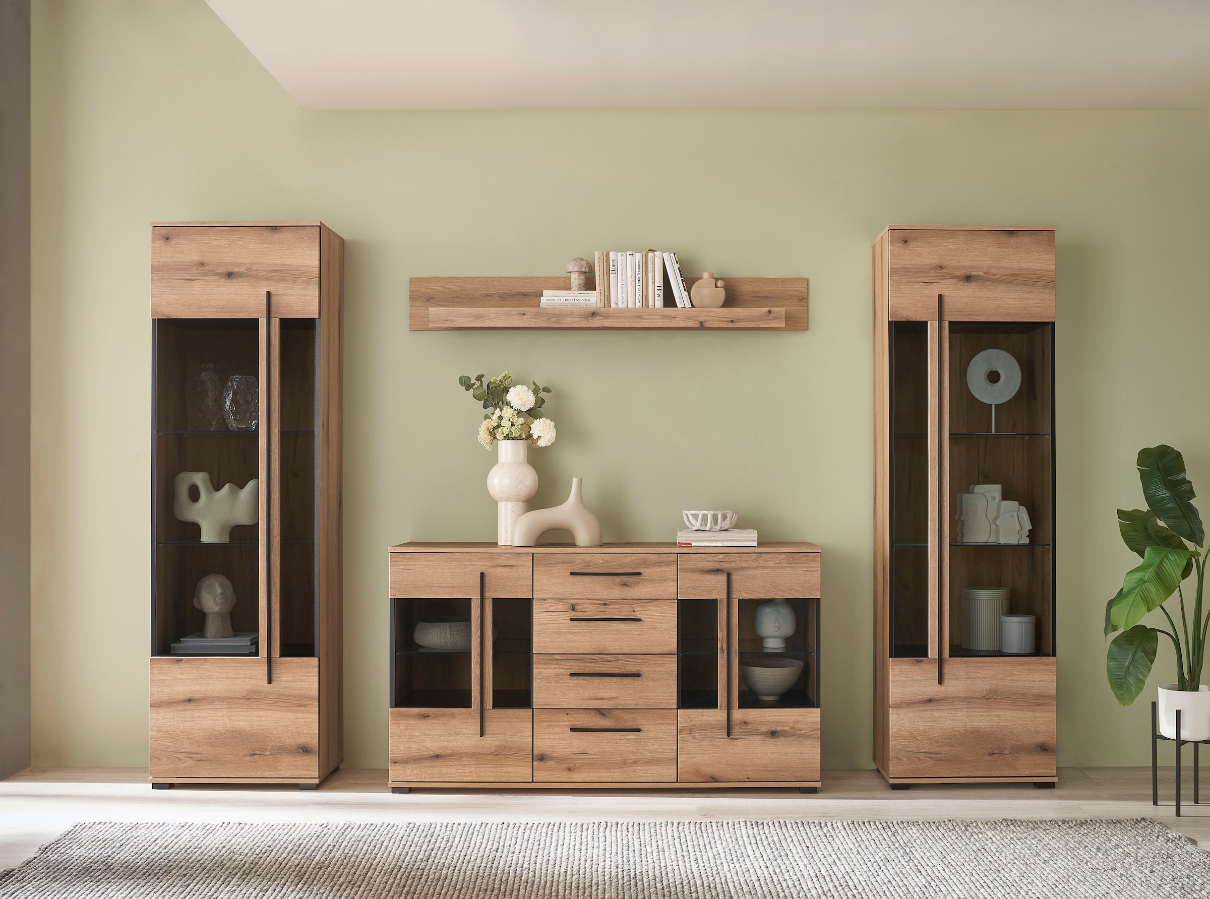 INOSIGN Wohnwand »Cantara, moderne Anbauwand, Wohnzimmer-Set, in Eiche Evoke oder Weiss«, (Set), enthält zwei Vitrinen, ein Sideboard und ein Wandboard