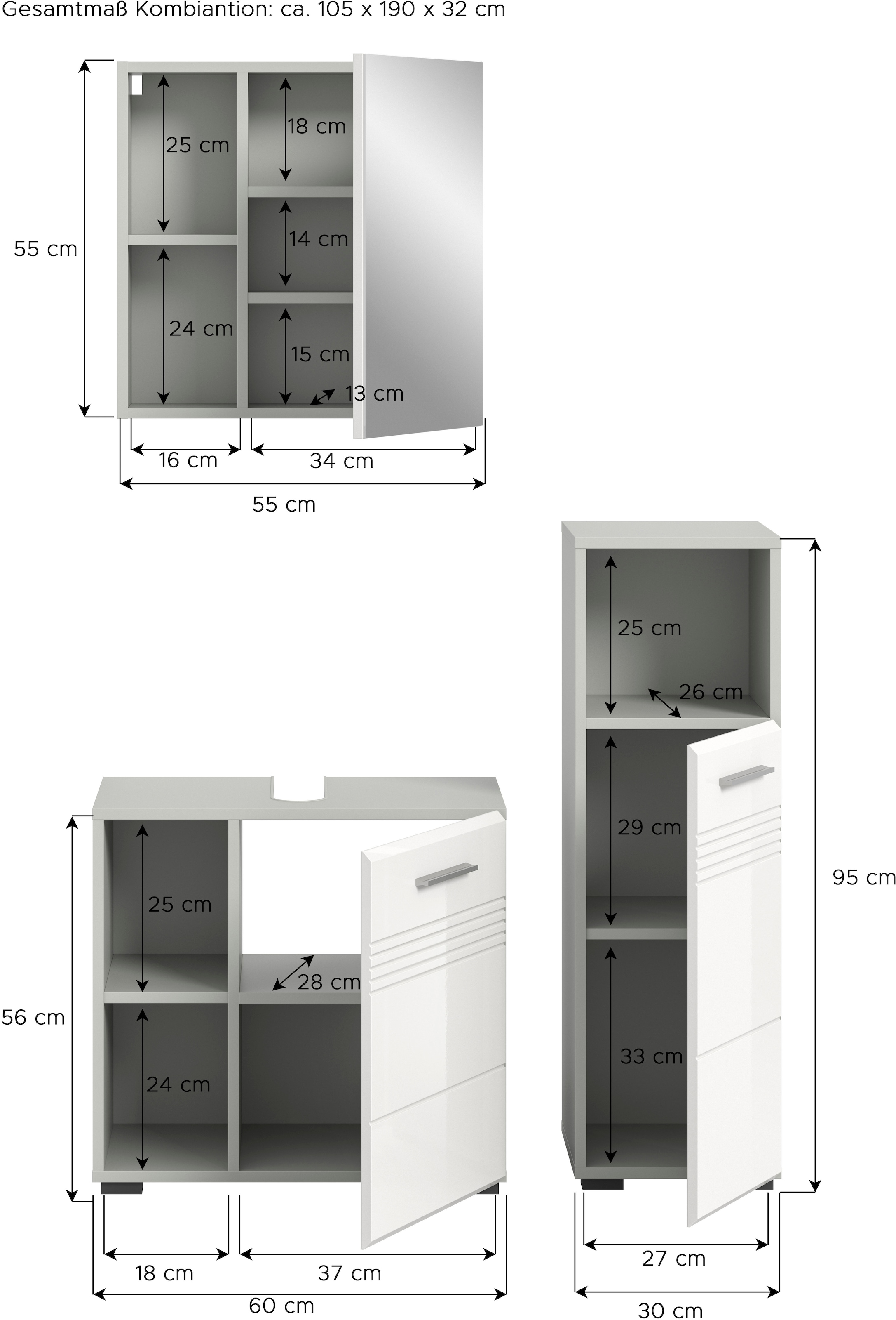 welltime Badmöbel-Set »Calicio, bestehend aus: Waschbeckenunterschrank, Spiegelschrank« 3 Stk. tlg.